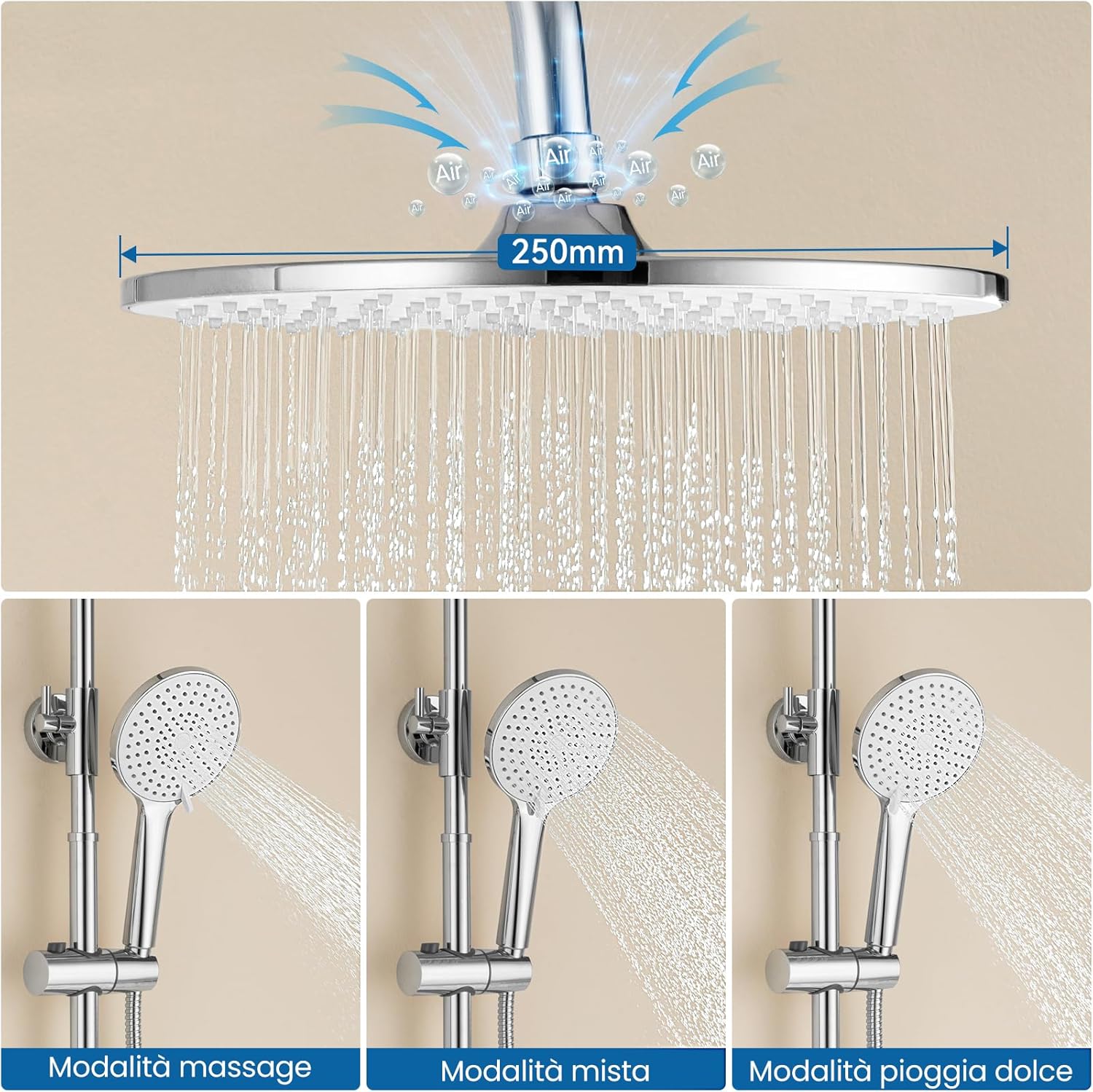 Thumbnail 3 de Auralum Colonna Doccia con Miscelatore: sistema saliscendi in acciaio inox, 3 funzioni e soffione da 25 cm