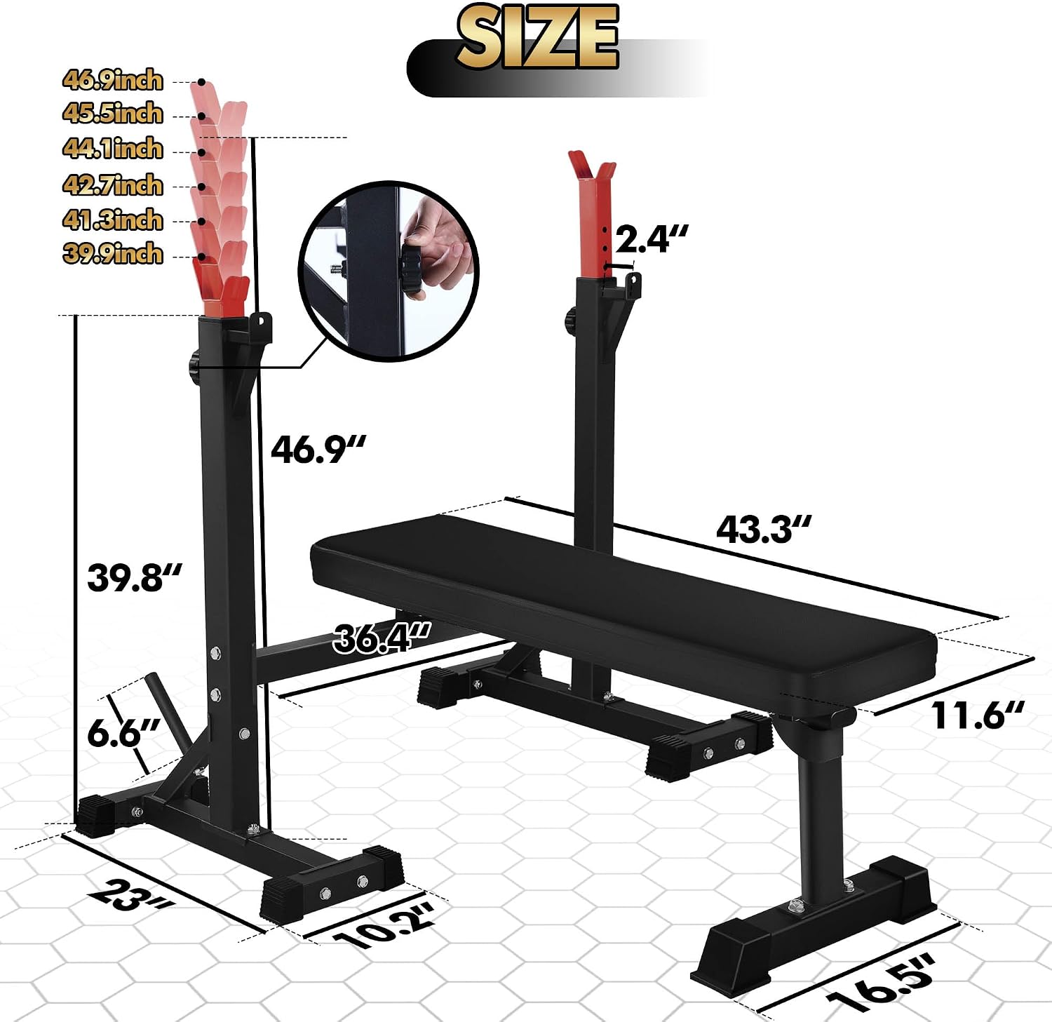 Detalle de CANPA Olympic Weight Bench with Adjustable Squat Rack, Foldable Red Frame