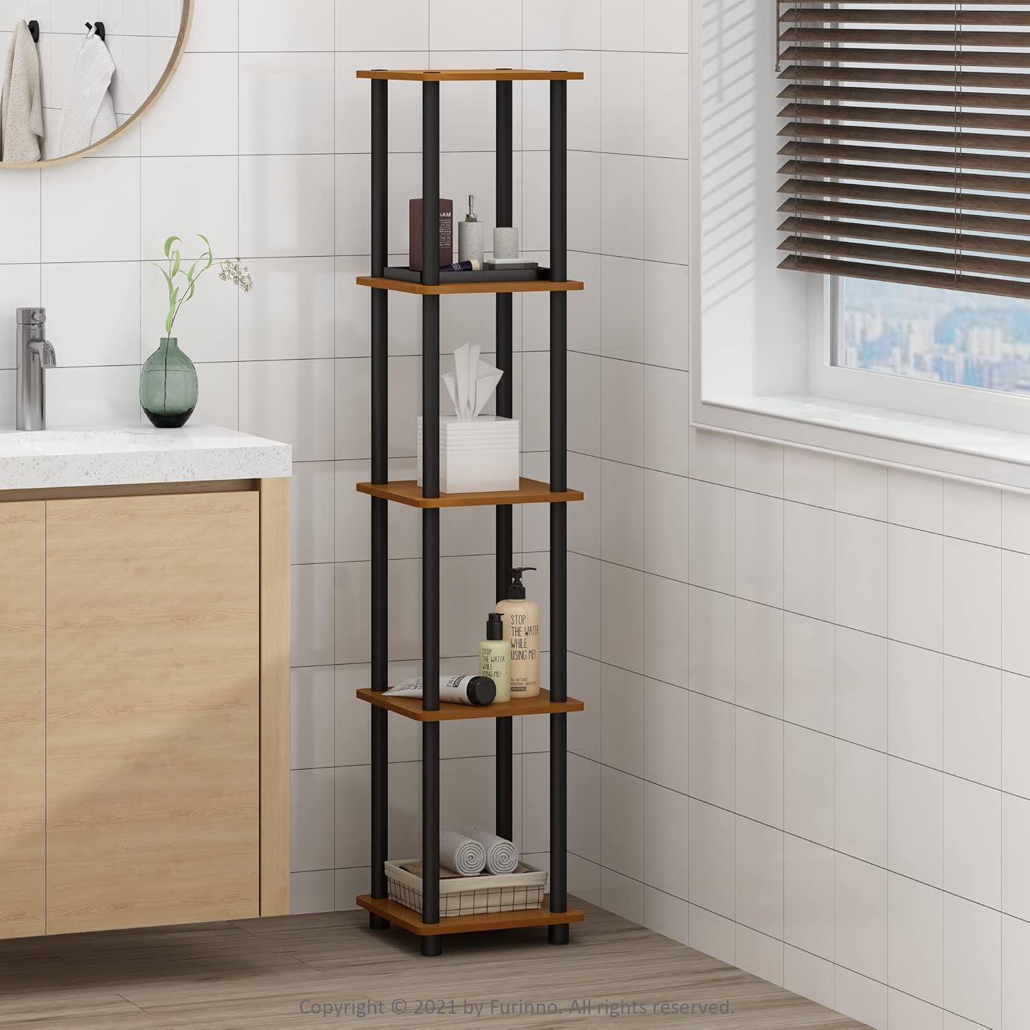 Thumbnail 1 de Furinno TURN-N-TUBE 5-Tier Corner Book Shelf with Round Tubes in Light Cherry