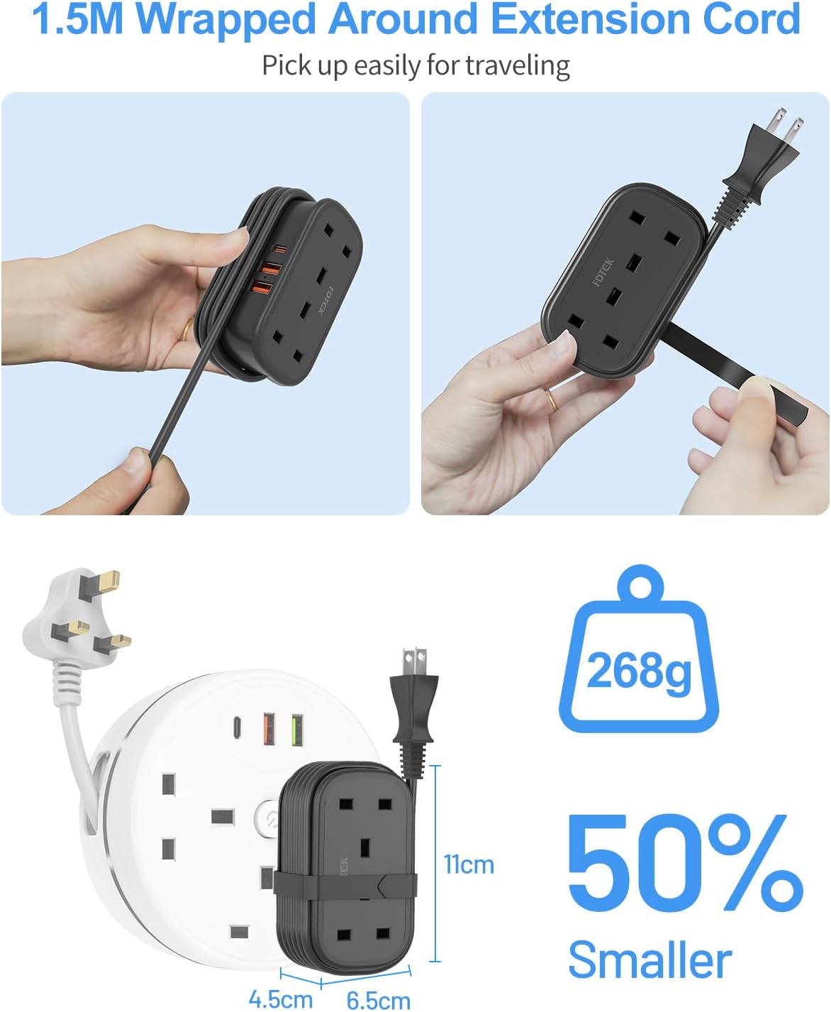 Thumbnail 3 de FDTEK UK to Japan Plug Adapter with 1.5M Extension Cable and Retractable USB-C (2 UK outlets + 3 USB)