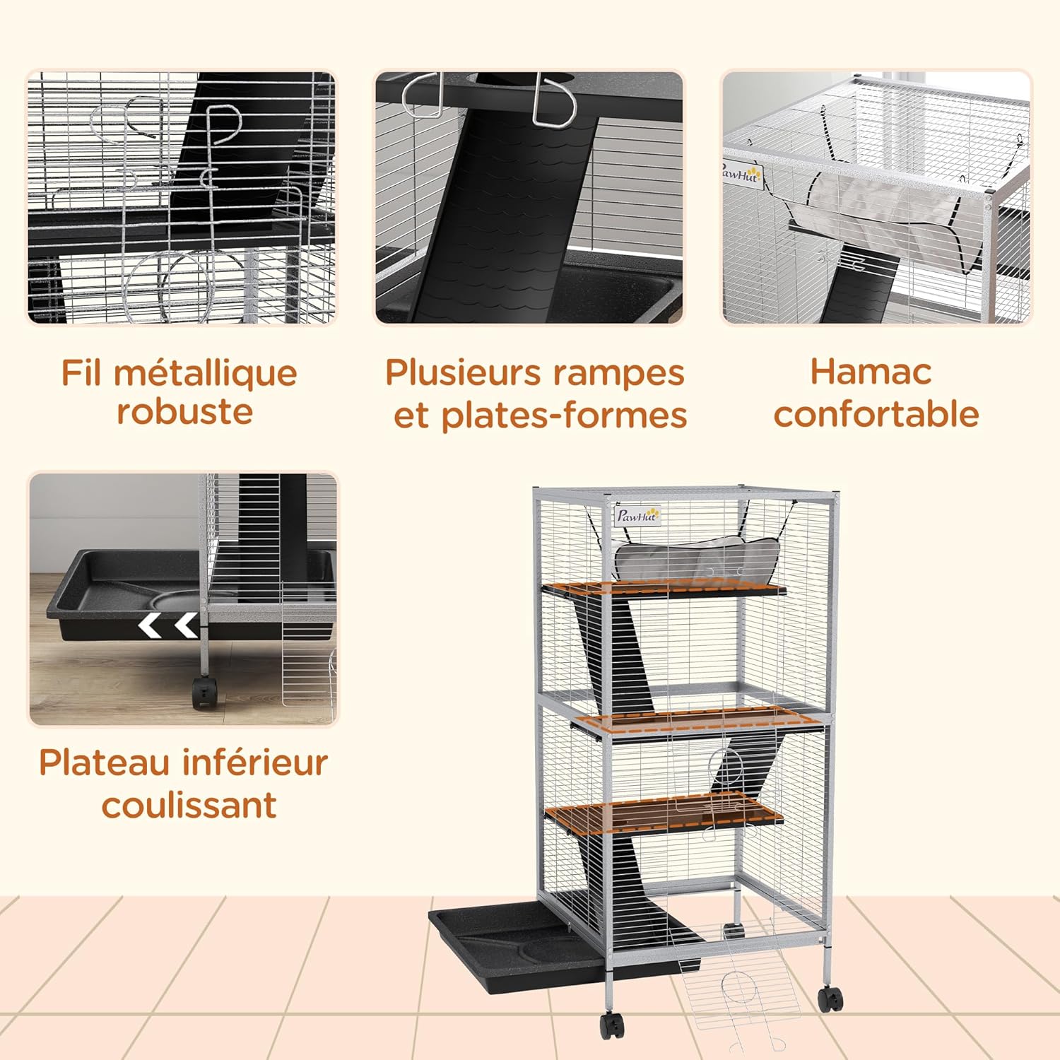 Detalle de PawHut Cage pour Petits Animaux Portable à 4 Niveaux – Cage Chinchilla/Furet 52 x 52 x 113,5 cm, Blanc