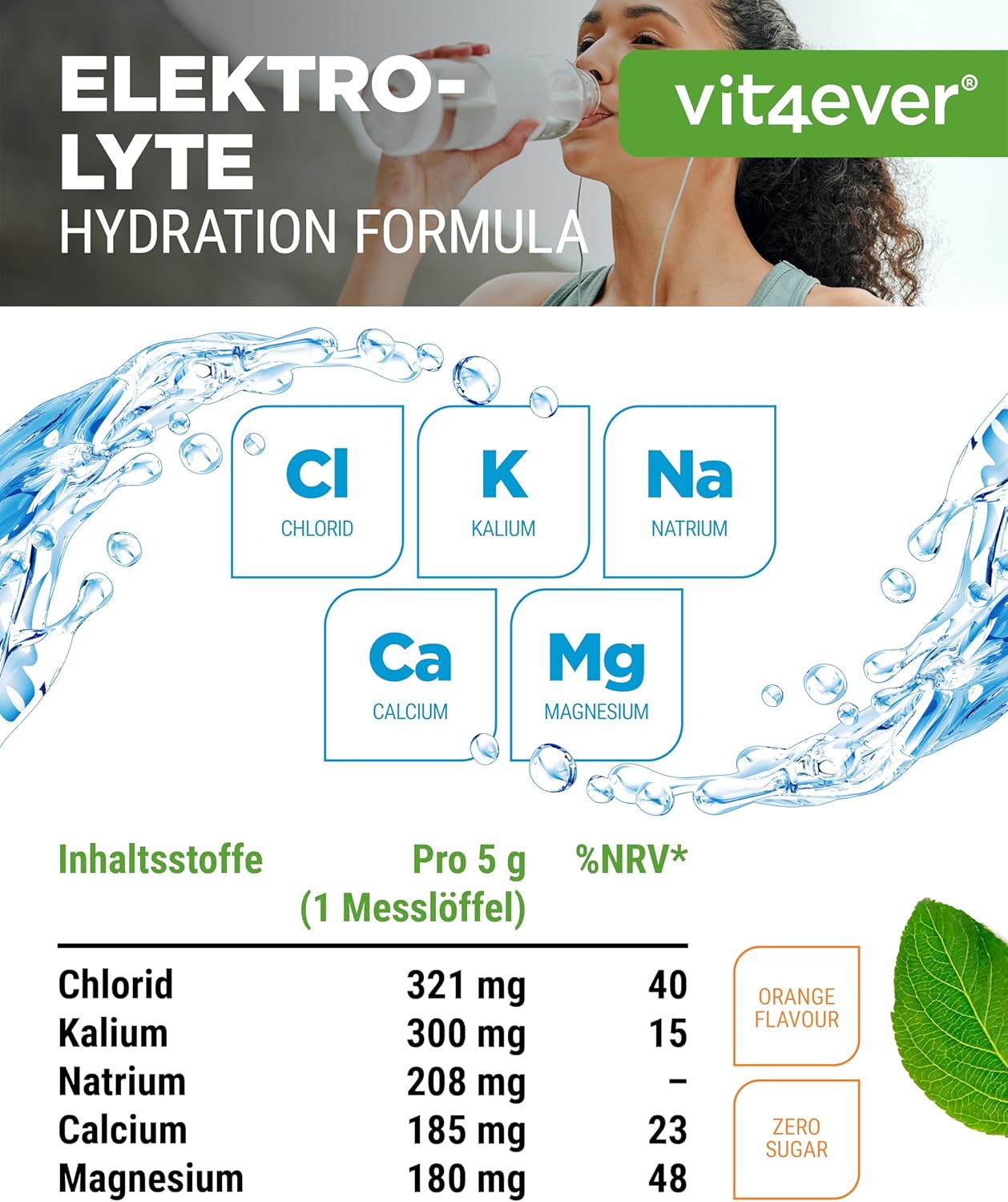 Detalle 2 de vit4ever Elektrolyte Hydration Formel – 400 g Pulver, Orangen Geschmack (80 Portionen, zuckerfrei, vegan)