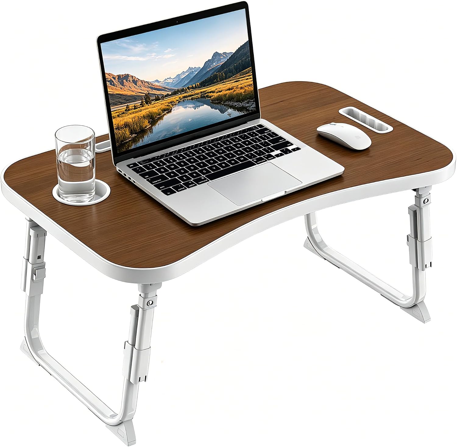 Detalle de MeisterPro Laptop Table Height Adjustable, Foldable Bed Desk with Cup Holder & Phone Slot (60 x 40 x 25–31 cm)
