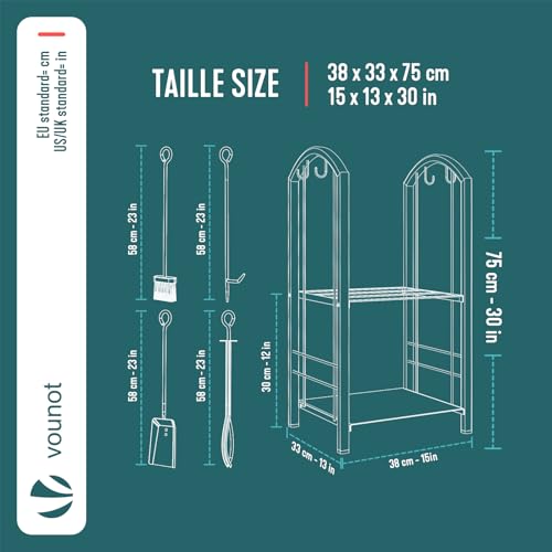 Detalle de VOUNOT Porte-Bûches de Cheminée grande capacité avec 4 outils et 2 étagères – 75×38×38 cm, Noir