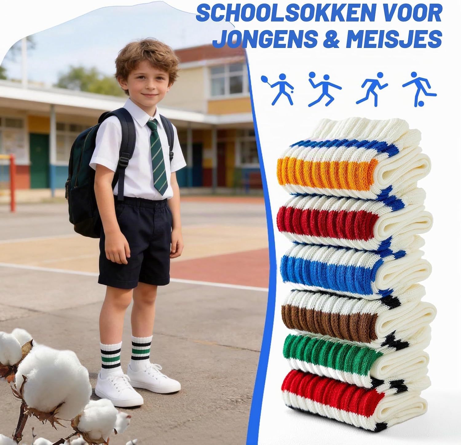 Detalle 2 de BISOUSOX naadloze katoenen kindersokken, 6 paar voor school en sport