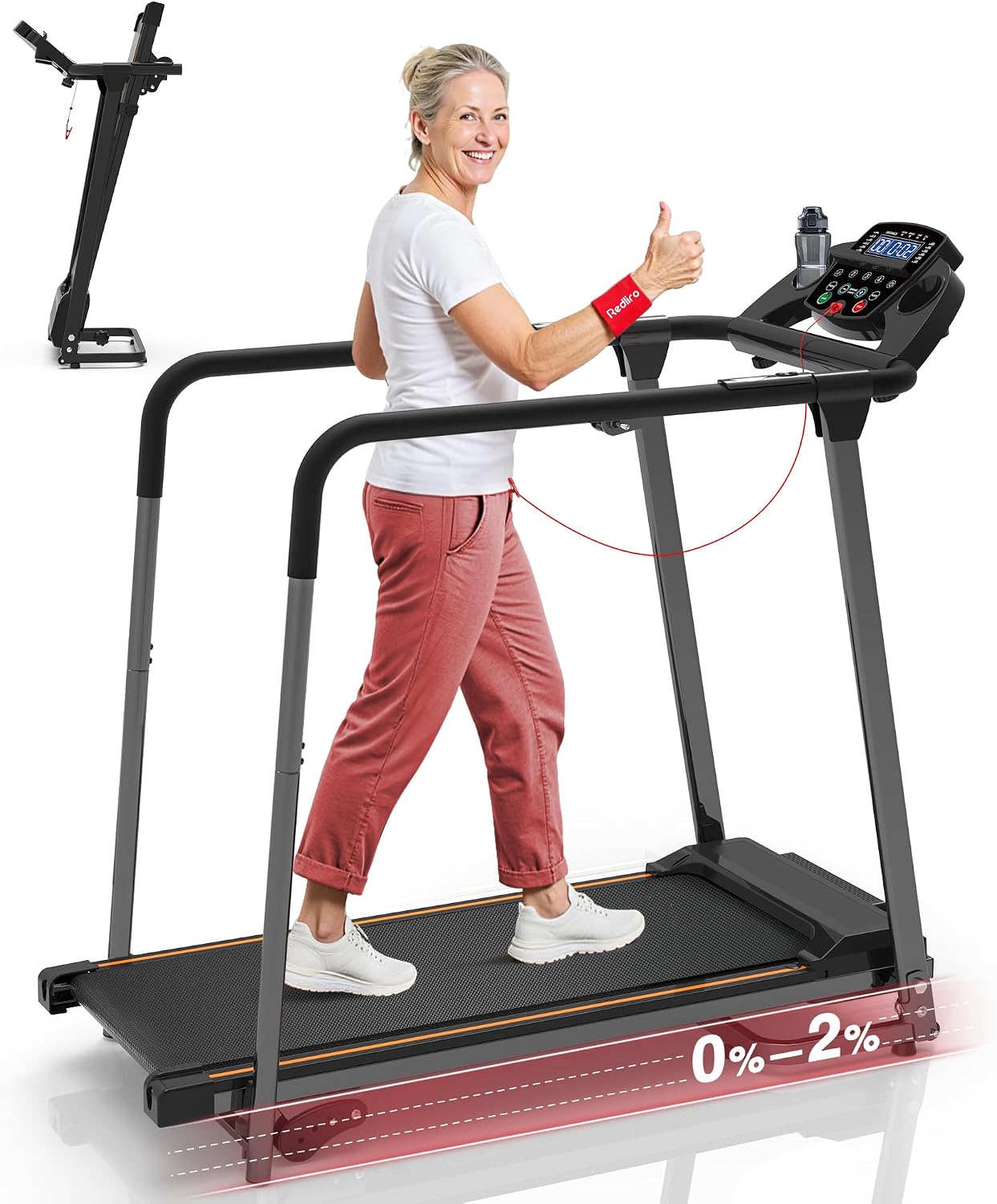 Detalle de REDLIRO CS1271-D Senior Walking Treadmill, Long Handrails, 0–2% Incline