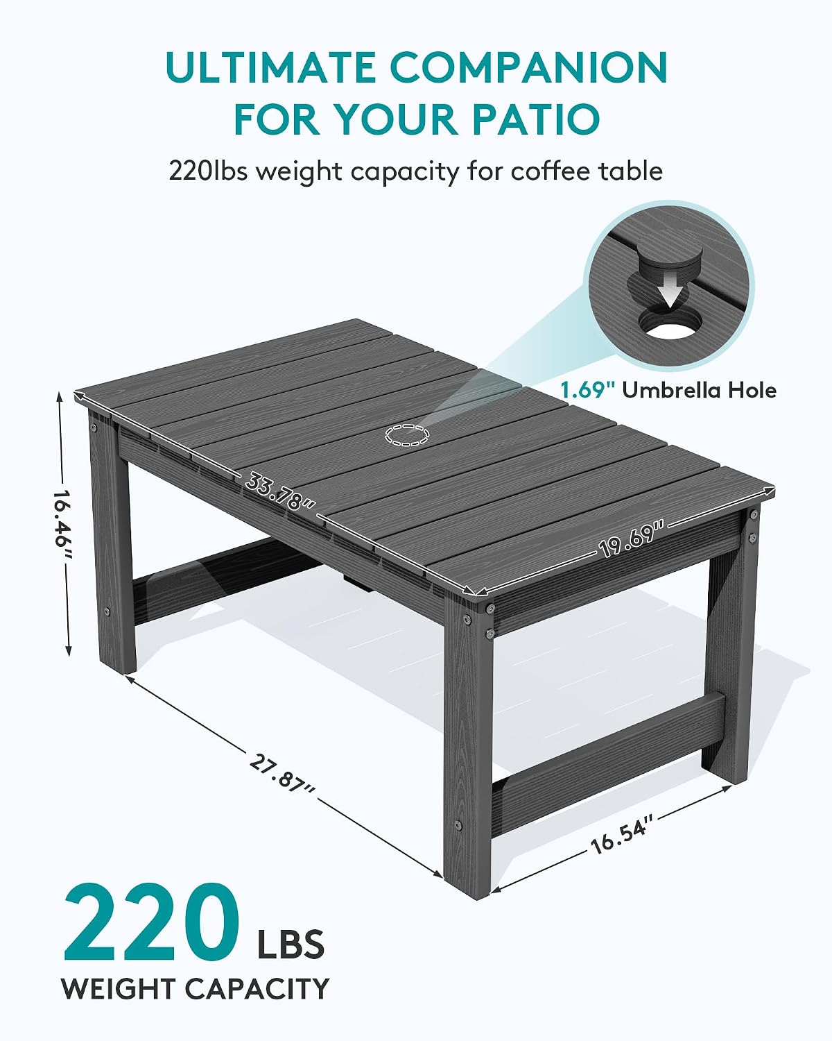 Detalle de SERWALL A031-059 HDPE Outdoor Coffee Table with Umbrella Hole, Gray