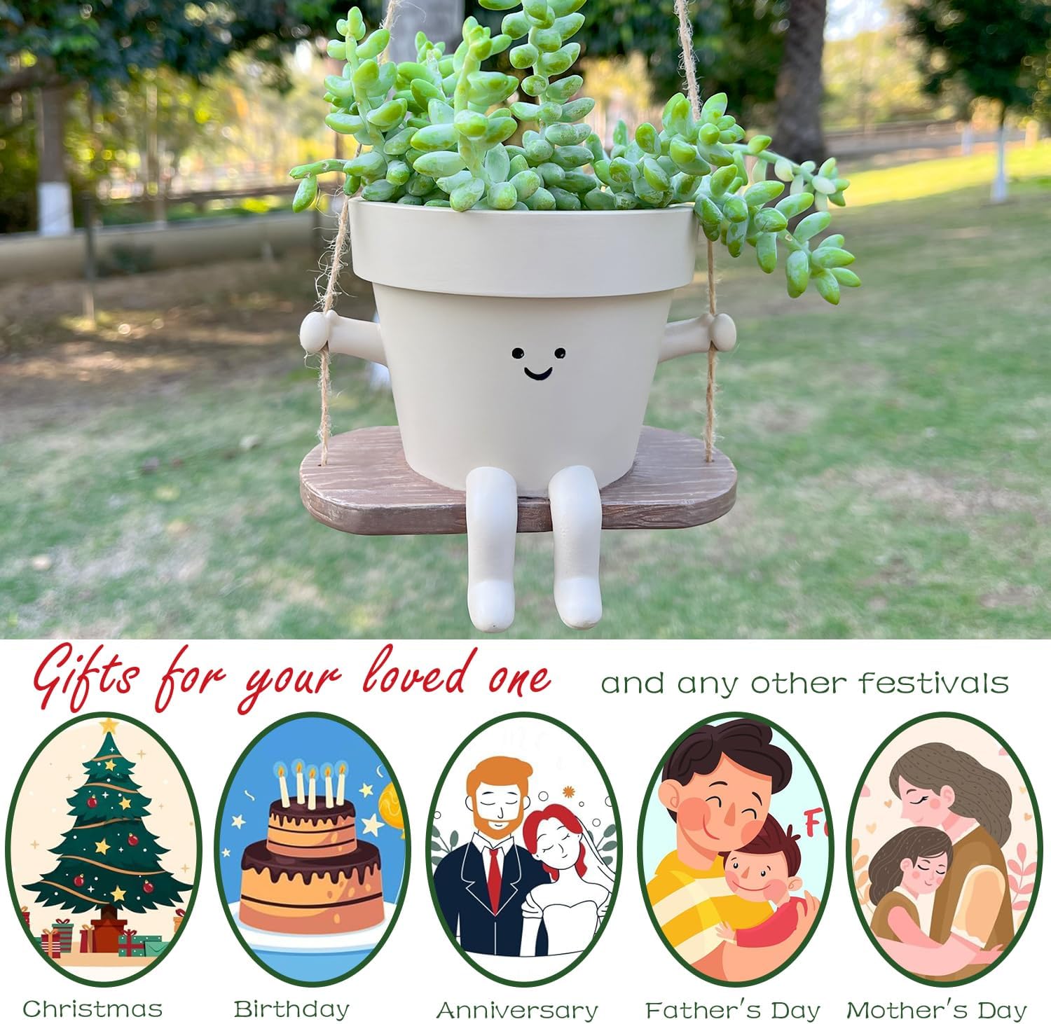 Thumbnail 3 de Hanging Planter Swing Face Plant Pot – Cute Resin Head Planter with Drainage Hole (Indoor & Outdoor)