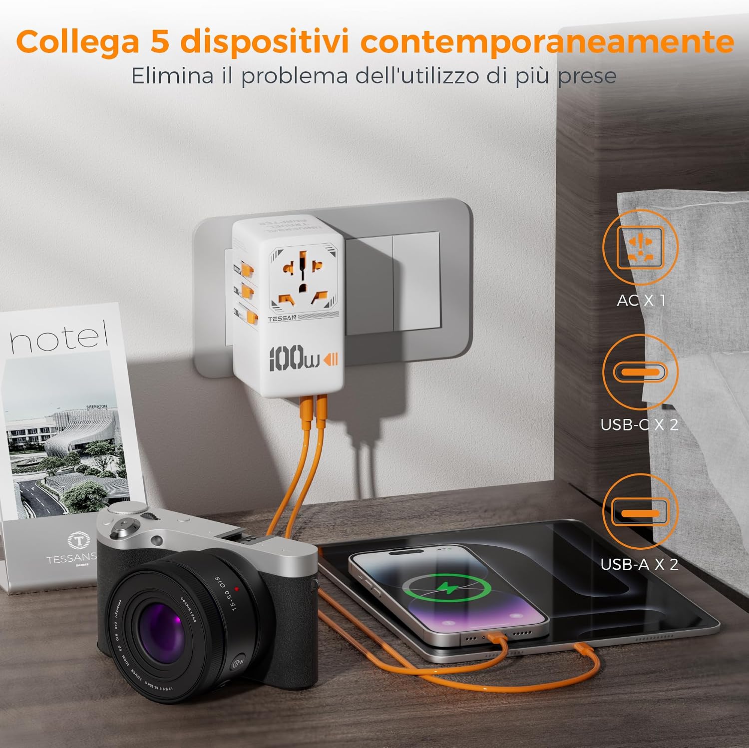 Detalle de TESSAN 100W GaN Adattatore Universale da Viaggio: carica 5 dispositivi con una sola presa