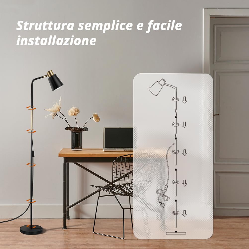 Detalle de OUSFOT Lampada da Terra Vintage 230V con Altezza Regolabile 146 cm, Paralume Nero in Metallo, Attacco E27 (Senza Lampadine) - Design Piantana per Soggiorno, Camera e Studio