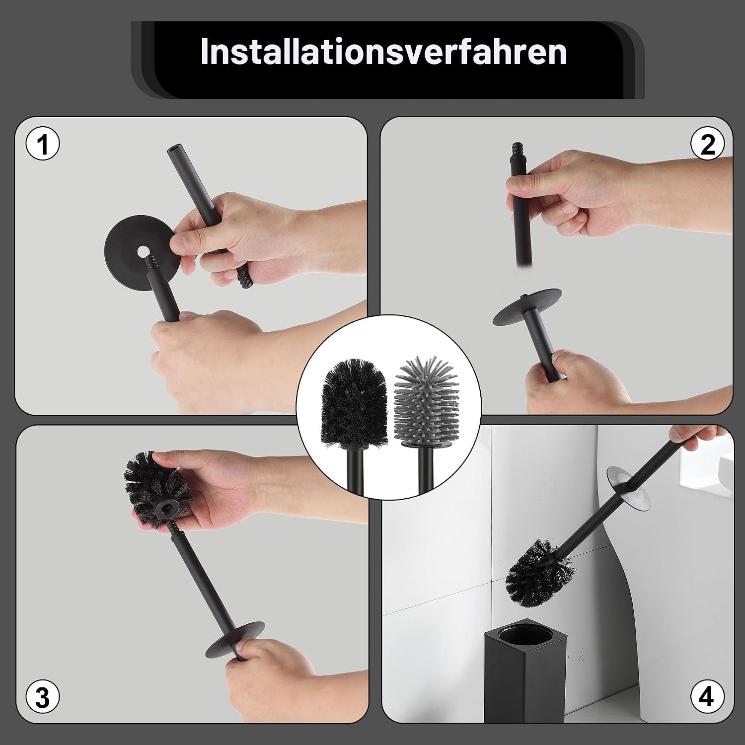 Thumbnail 6 de BVL WC Bürsten & Halter Schwarz – freistehende quadratische Toilettenbürste mit zwei Köpfen (Silikon/Nylon) aus Aluminium