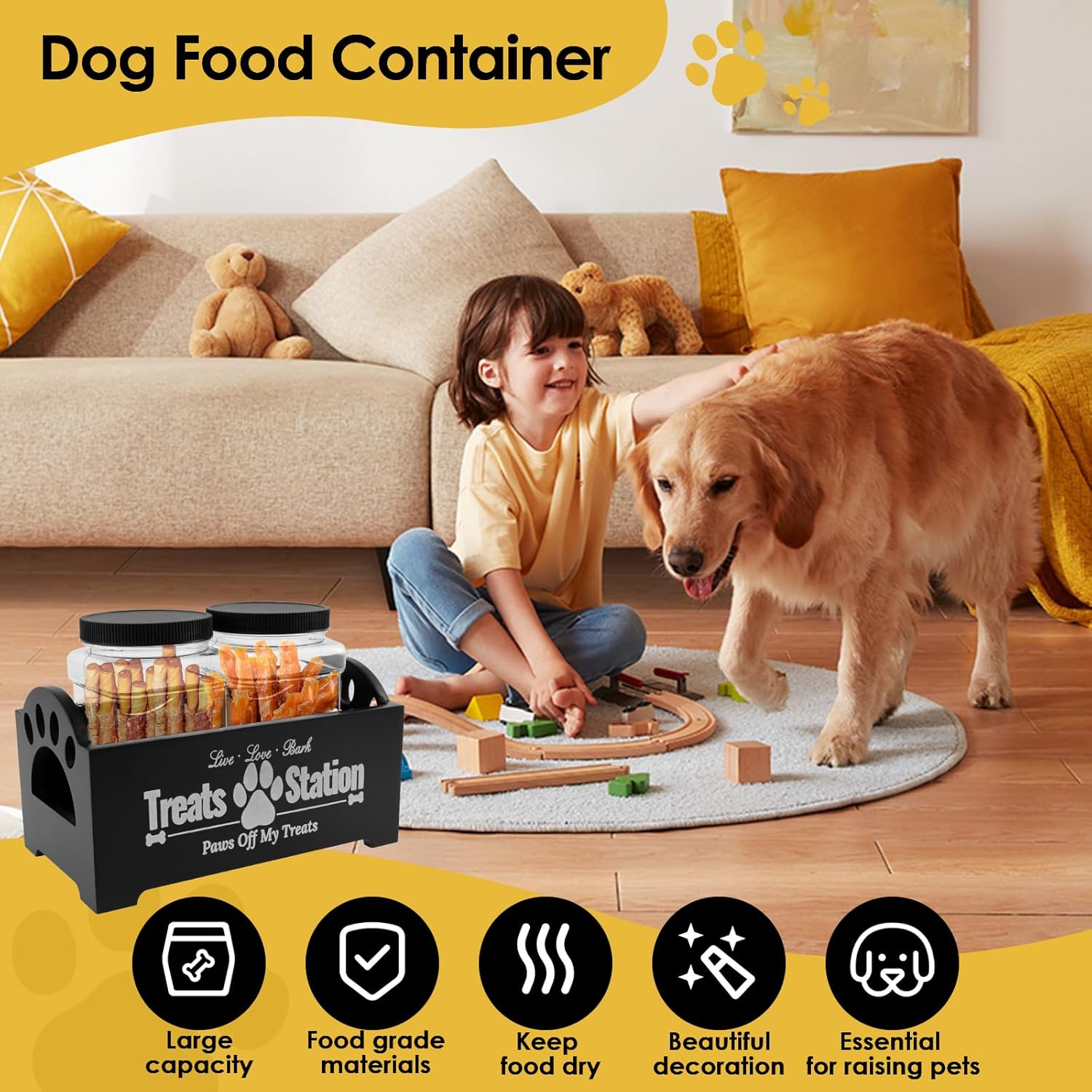 Detalle 2 de NIHUIFDPY Dog Treat Container – Farmhouse Wood Pet Food Storage with 2 Plastic Jars (Black)