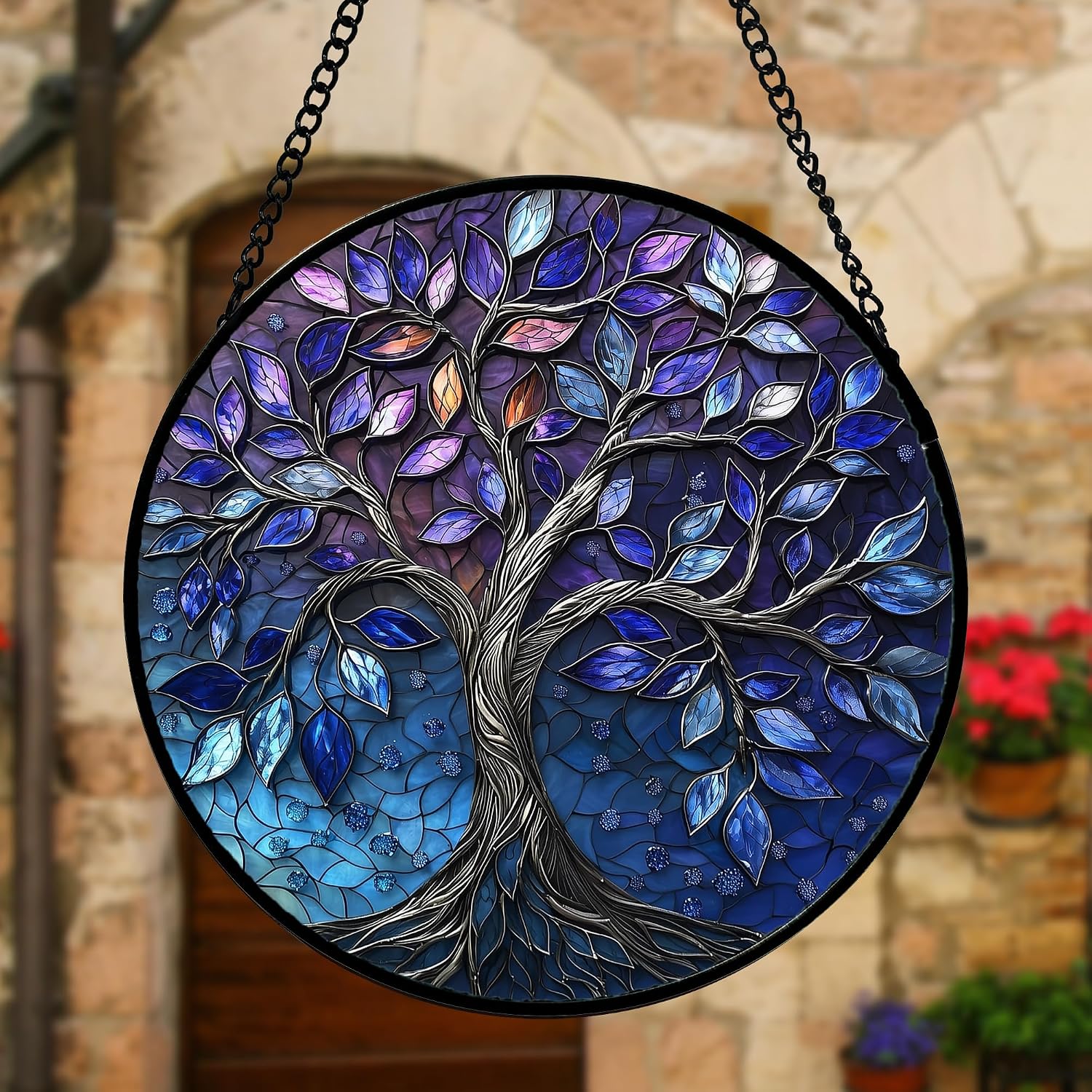 Detalle 2 de DASTOLL Blue Purple Tree of Life Stained Glass Window Hanging, 6.3-Inch