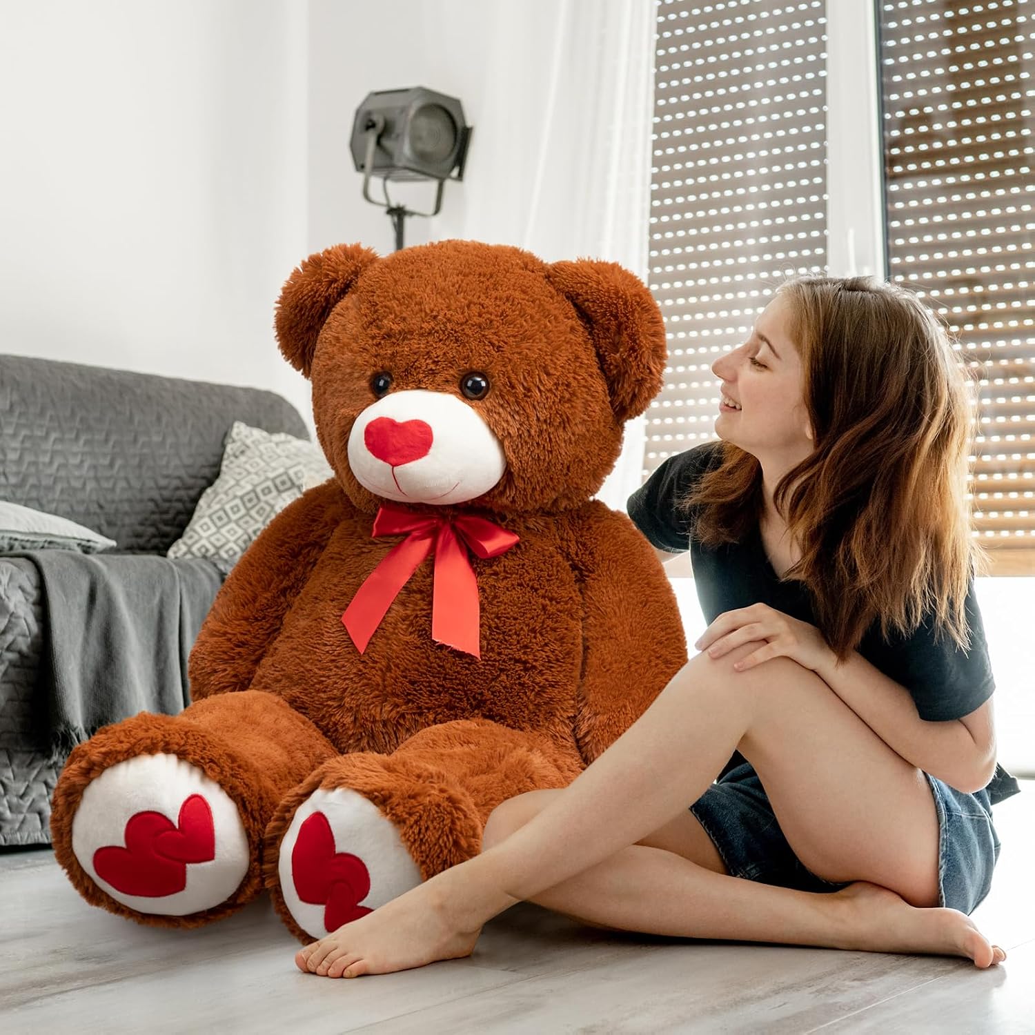 Thumbnail 1 de BEJOY Ours en peluche géant 91 cm – Ours marron doux avec cœurs rouges et nœud satiné