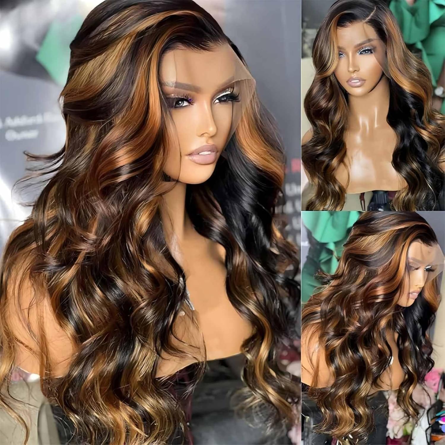 Detalle de QZOQZO Ombre Lace Front Wig Human Hair 1B/30 — 26 Inch Body Wave, 13x6 HD Lace, 180% Density