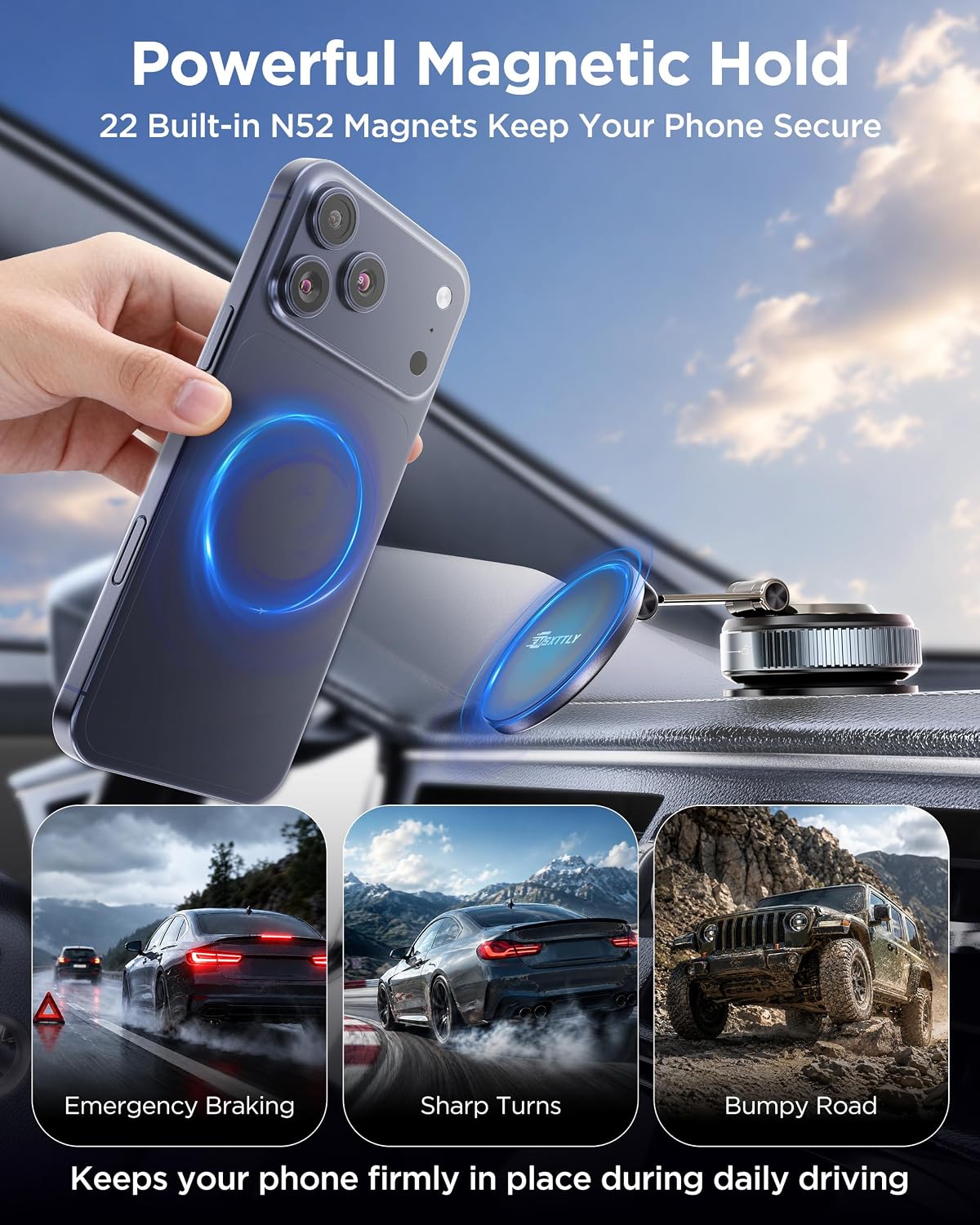 Detalle 2 de MSXTTLY Vmag-S2 2026 Vacuum Magnetic Car Phone Holder with 360° rotation, foldable design and twist-lock suction (Black)