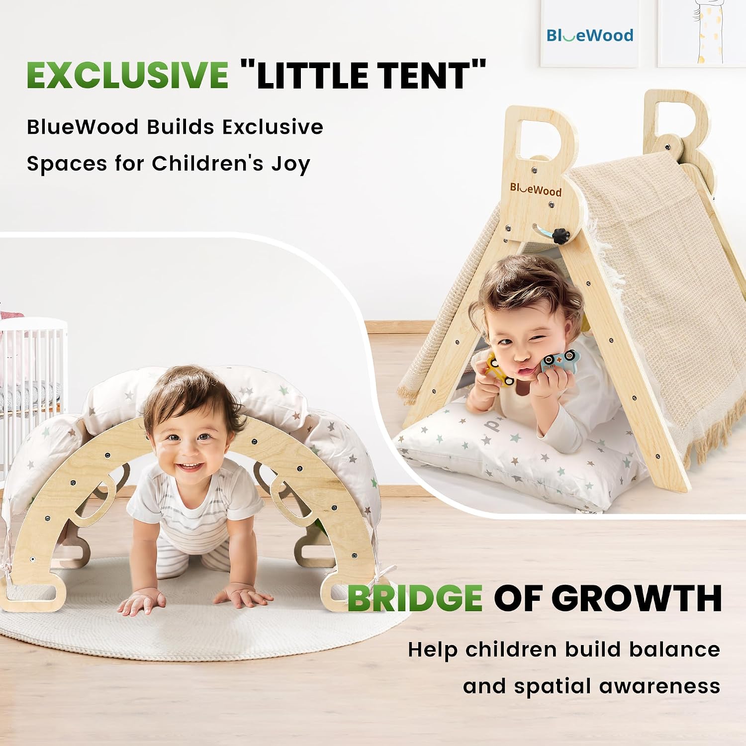 Detalle de BlueWood Pikler Triangle Set with Cushion — 8-in-1 Montessori-Inspired Climbing Toy
