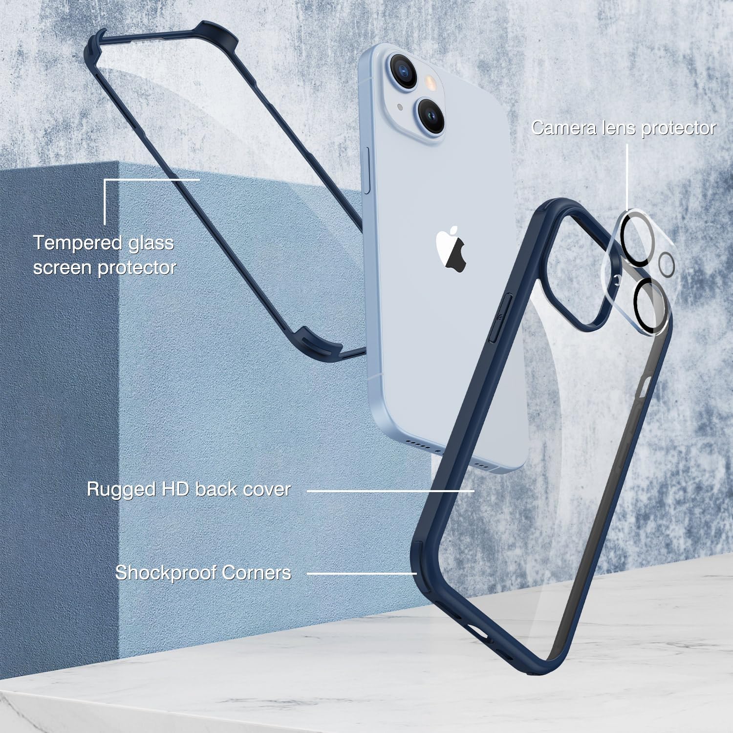 Thumbnail 1 de CENHUFO iPhone 15 case with built-in 9H glass screen protector and camera lens protection (Ocean Blue)