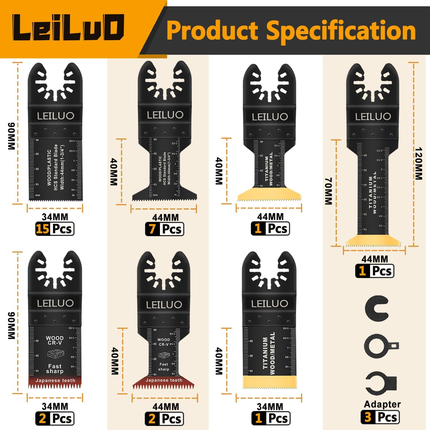 Detalle de LEILUO 32-piece Titanium Multi Tool Blades Kit for Wood, Nails & Drywall