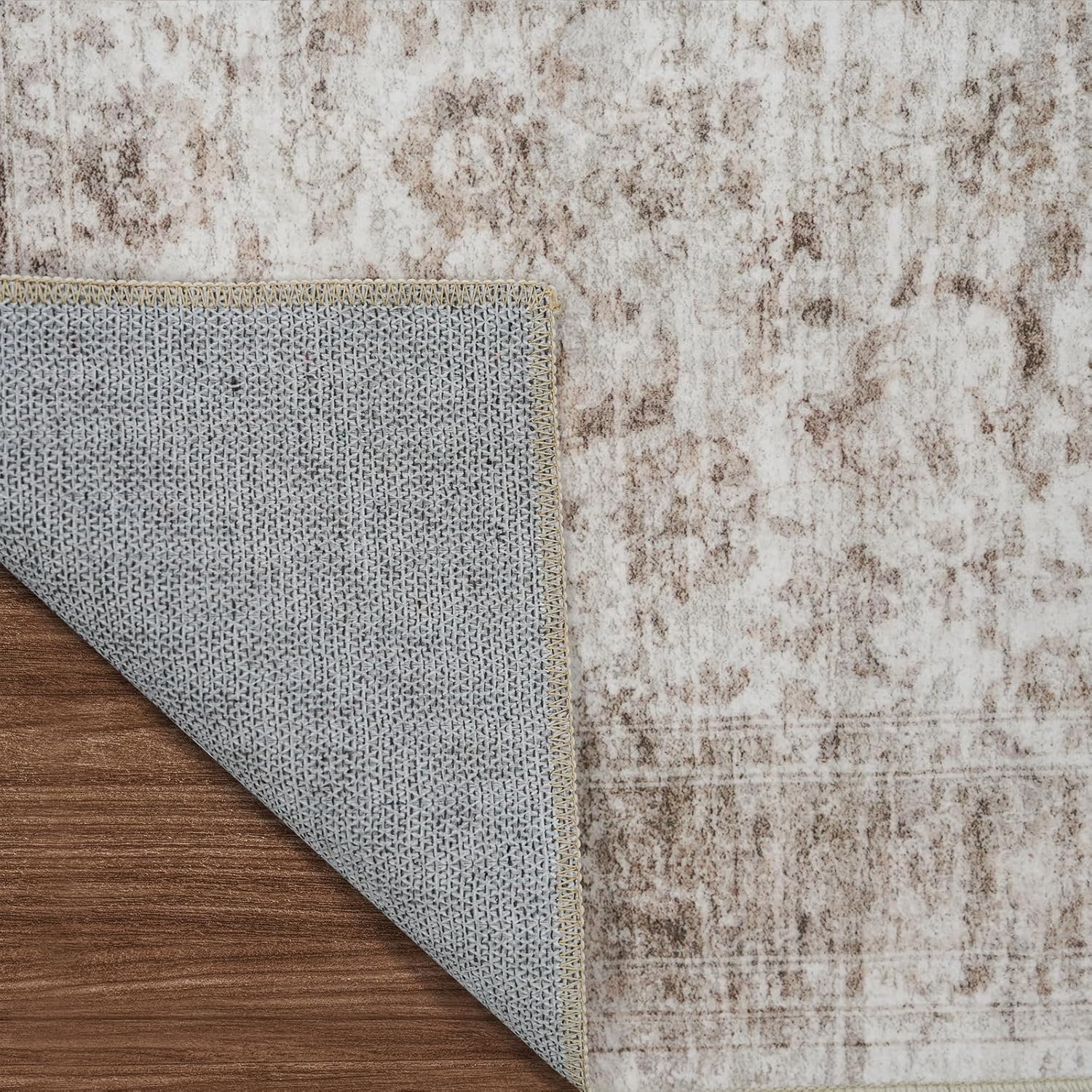 Thumbnail 6 de 12x15 Beige Brown Machine-Washable Vintage Area Rug with Non-Slip Rubber Backing