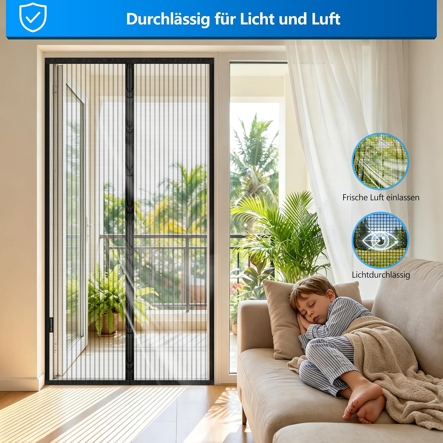 Detalle de MYCARBON Fliegengitter für Außentür 100 x 210 cm – magnetisch, ohne Bohren, Klebeband