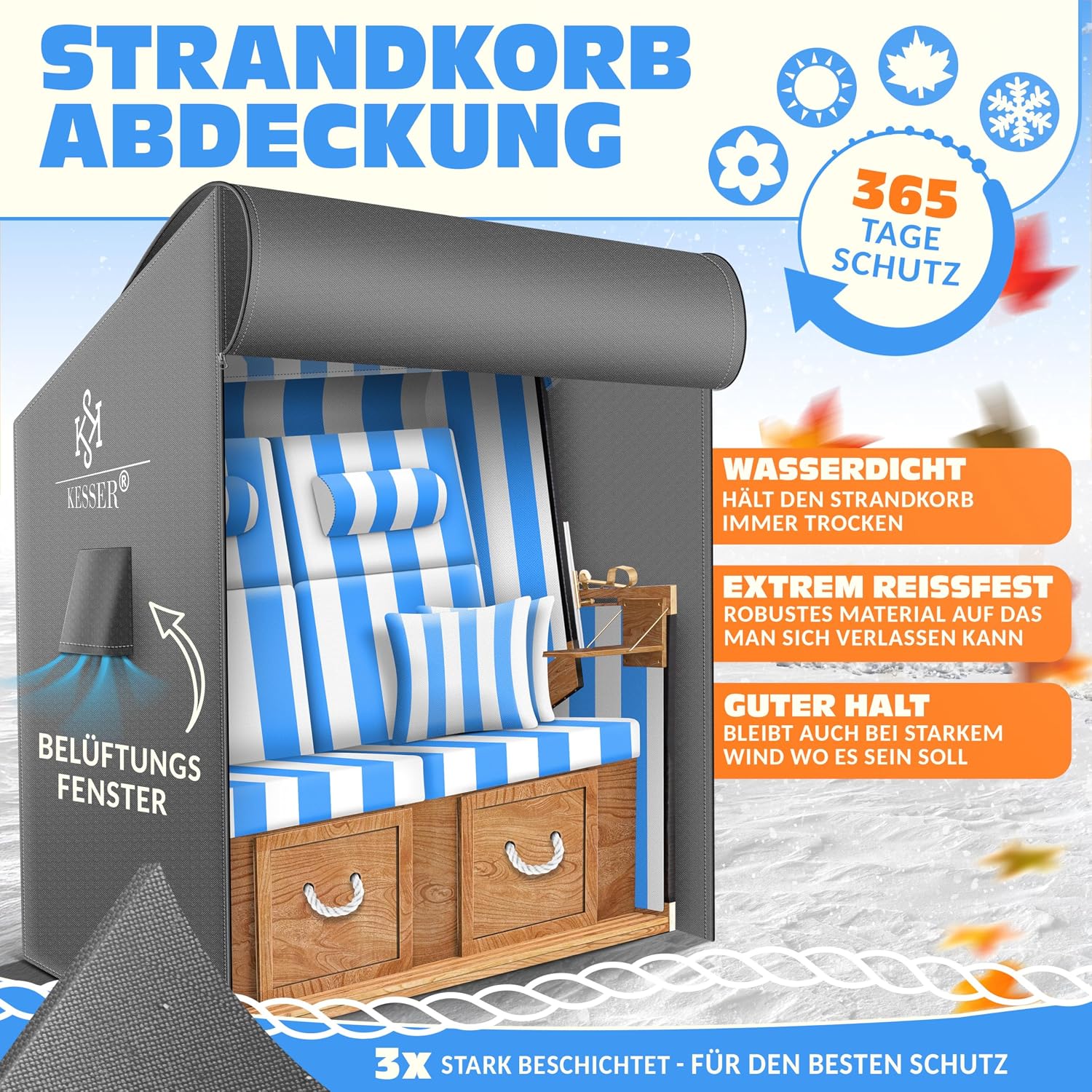 Thumbnail 1 de KESSER Premium Strandkorb Schutzhülle – Wasserdicht, UV-beständig und luftdurchlässig (120x90x160 cm) Grau