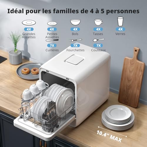 Detalle de AIRMSEN Mini Lave-vaisselle de table 37 cm — 4 couverts, 7+2 programmes, réservoir 5 L, diffusion 360°