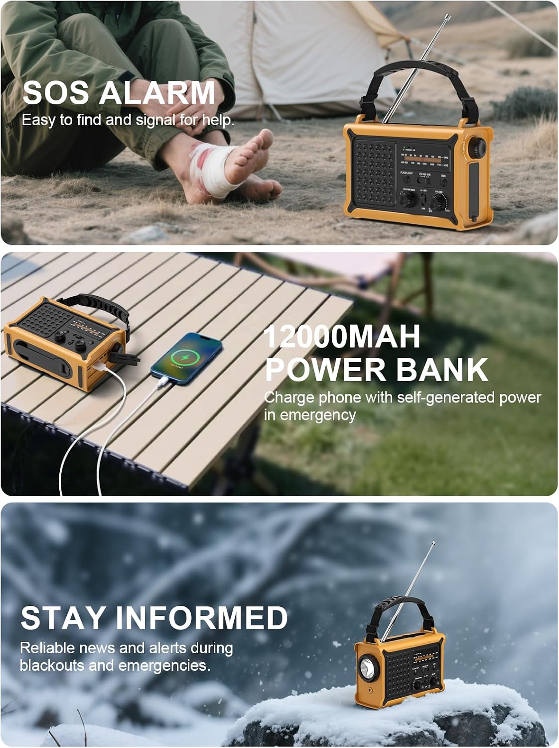 Thumbnail 3 de ROCAM Emergency Radio with 12,000mAh Battery, Solar Charging and Hand Crank