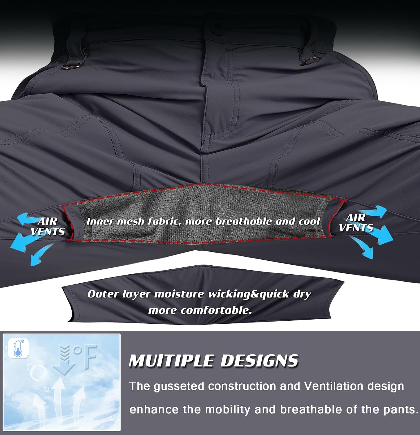 Detalle 2 de Lightweight Cargo Hiking Pants with 6 Zipper Pockets, DWR Water-Resistant Outdoor Tactical Trousers