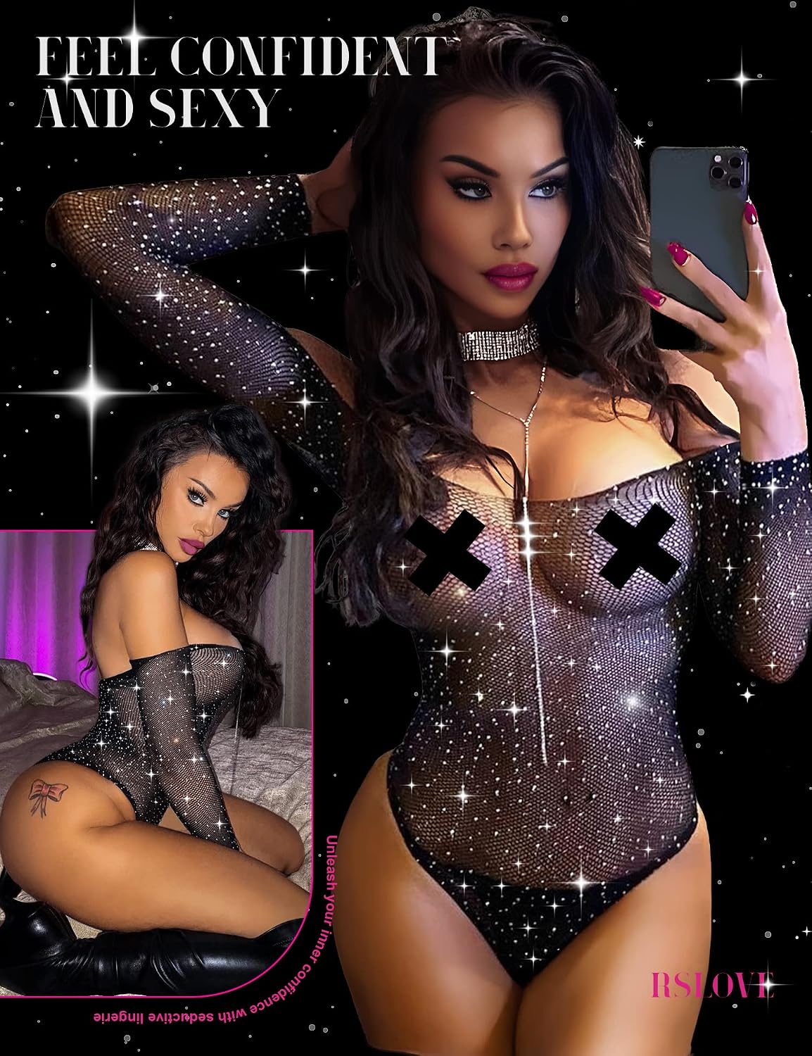 Detalle 2 de RSLOVE Fishnet Rhinestone Bodysuit