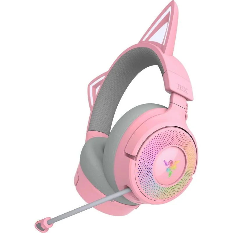 Detalle de Razer Kraken Kitty V3 Pro: auriculares gaming inalámbricos con orejas RGB y sonido inmersivo