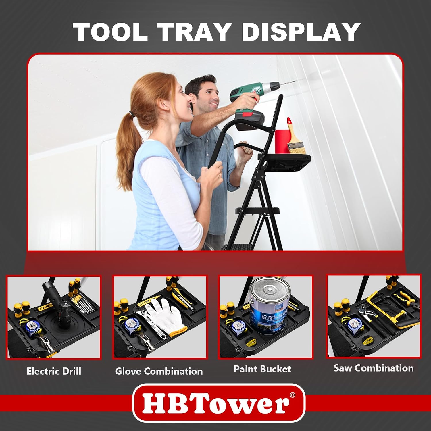 Thumbnail 6 de HBTower Folding Step Ladder with Wide Non-Slip Pedals and Tool Tray
