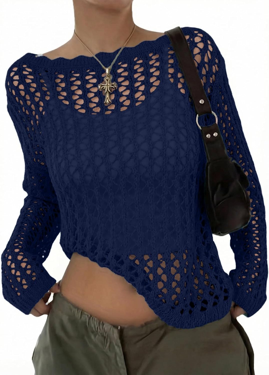 Thumbnail 1 de EVALESS Off The Shoulder Loose Knit Summer Sweater for Women – Lightweight Crochet Knit, 100% Acrylic