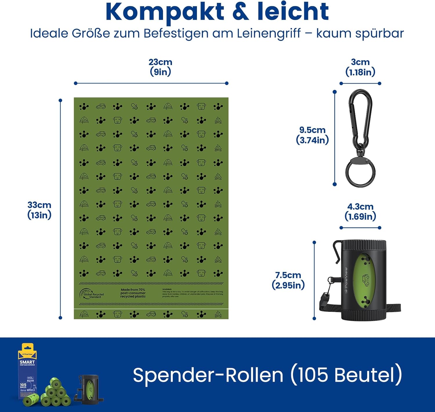 Detalle de PawView aufrollbarer Hundekotbeutelspender mit NFC, für Leine & Gürtel – 7 Rollens (105 Stück), extra stark, schwarz