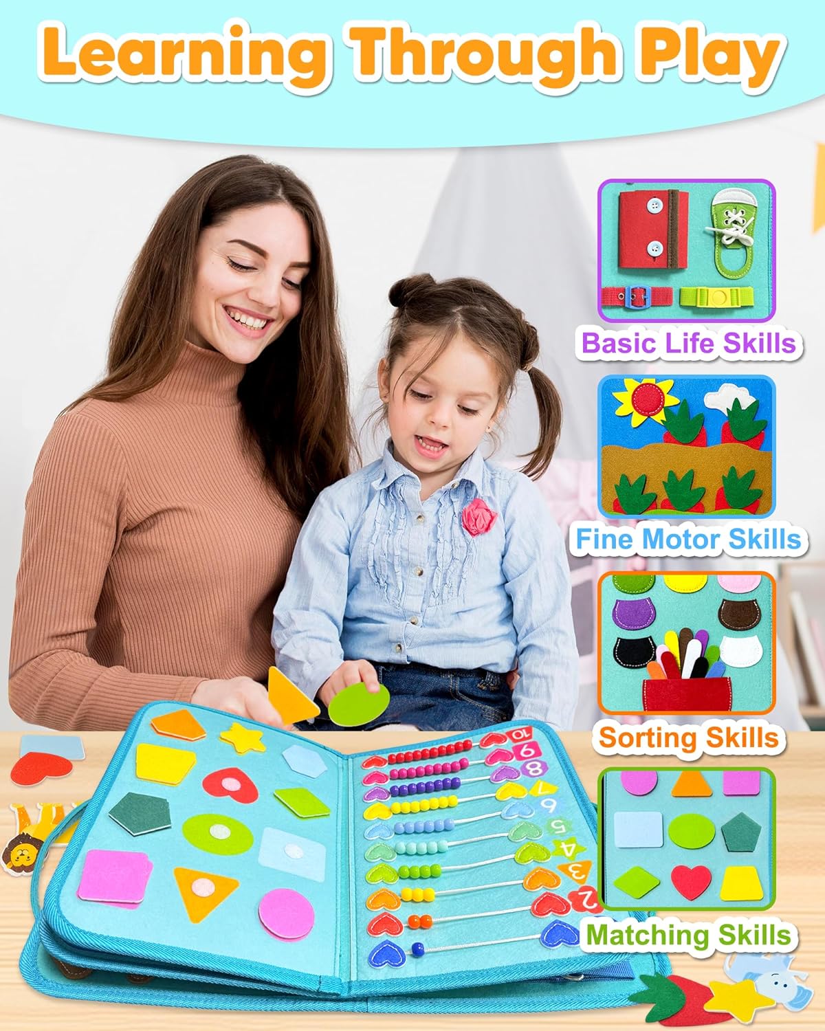 Detalle de Exorany Busy Board Montessori Toys for Toddlers — 8-Page Travel Learning Book
