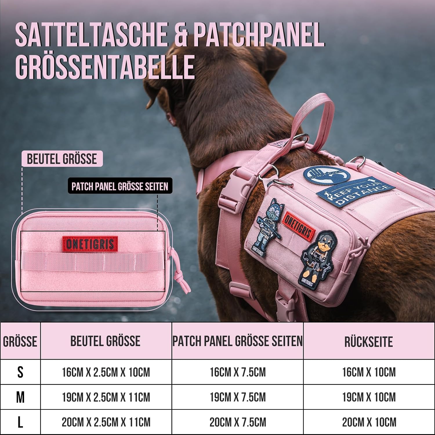 Detalle de OneTigris Harnais Guardian pour chien M - rose, 3 anneaux en D inoxydable, poche MOLLE et grande capacité