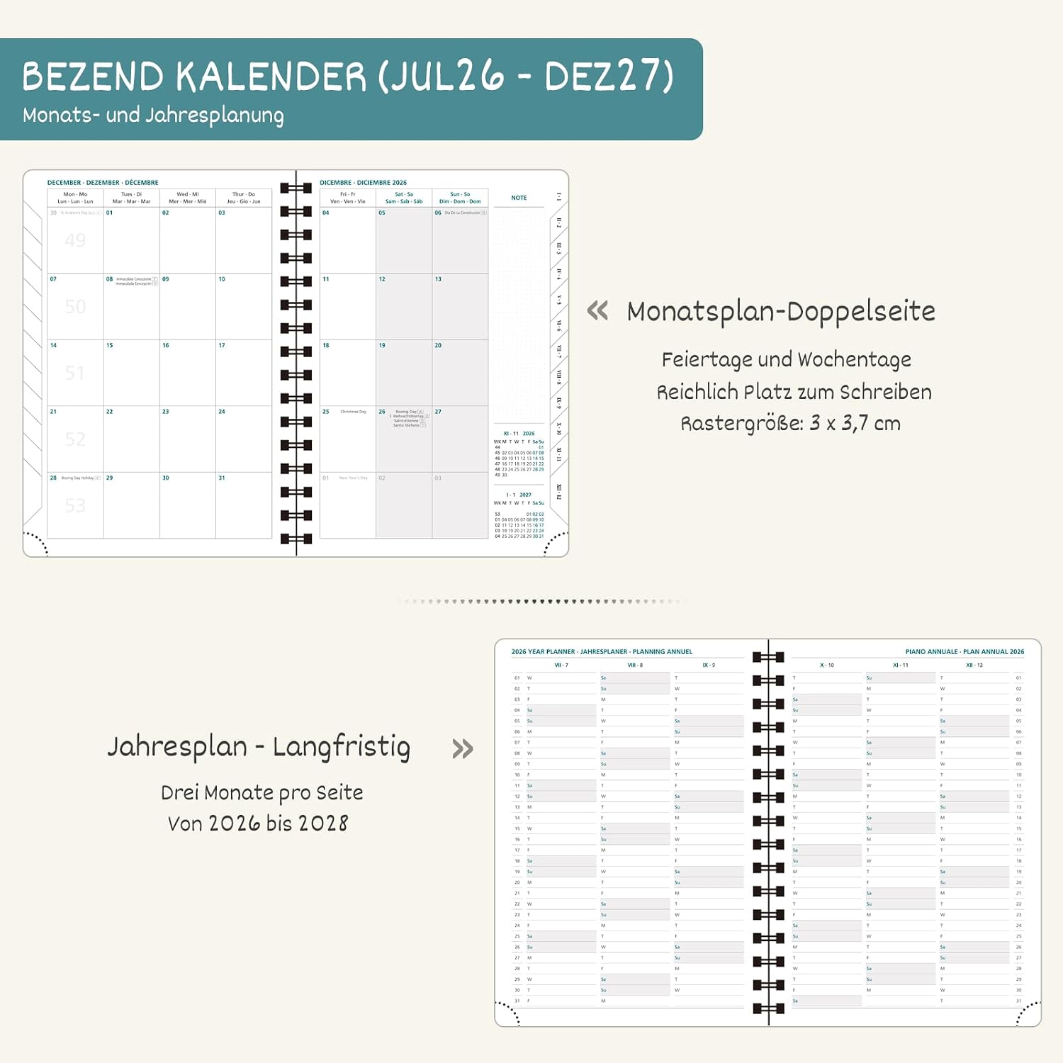 Detalle 2 de BEZEND Kalender 2026/2027 – Wochenplaner A5, 18 Monate (Juli 2026–Dezember 2027) im Ringbuch PU-Leder Softcover, Lavendel