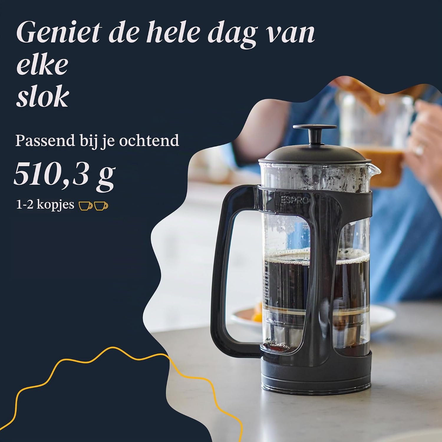 Detalle de ESPRO P3 1418C-BK Franse pers, 532 ml, dubbel microfilter, zwart