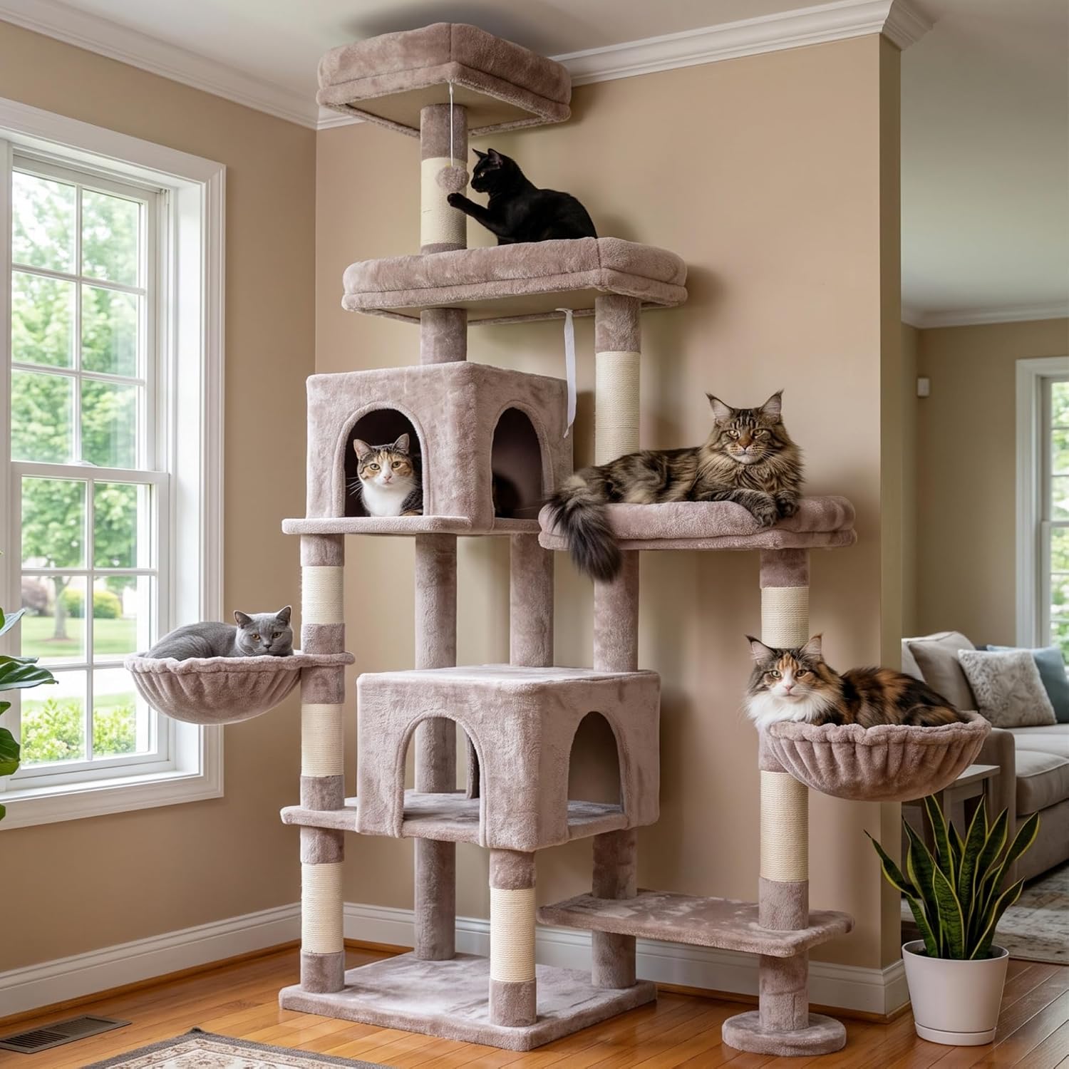 Detalle de Hey-brother MPJ038MU Cat Tree, 70.9-Inch Tower with Sisal Posts and Two Condos