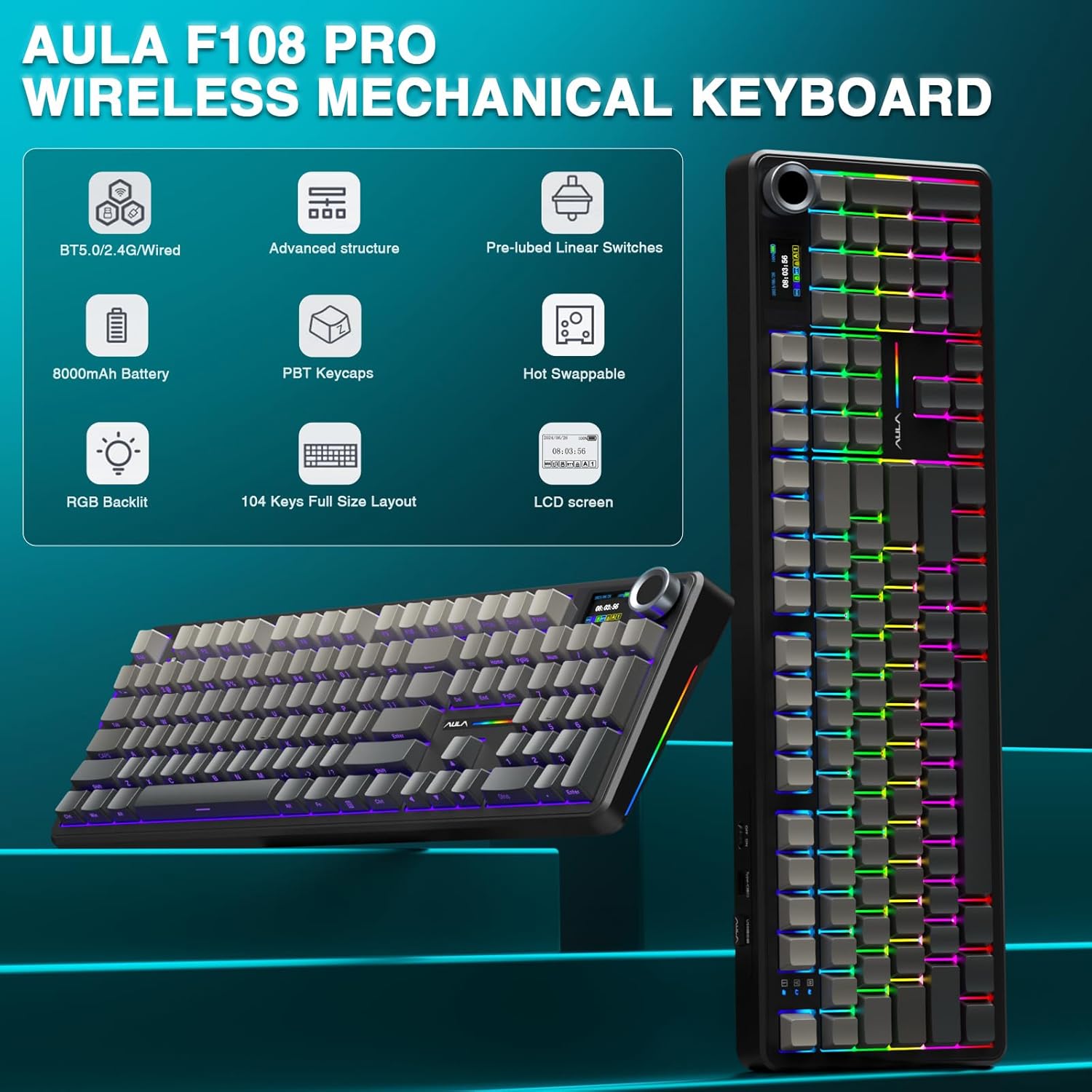 Detalle 2 de AULA F108 PRO wireless mechanical 8000mAh ⌨