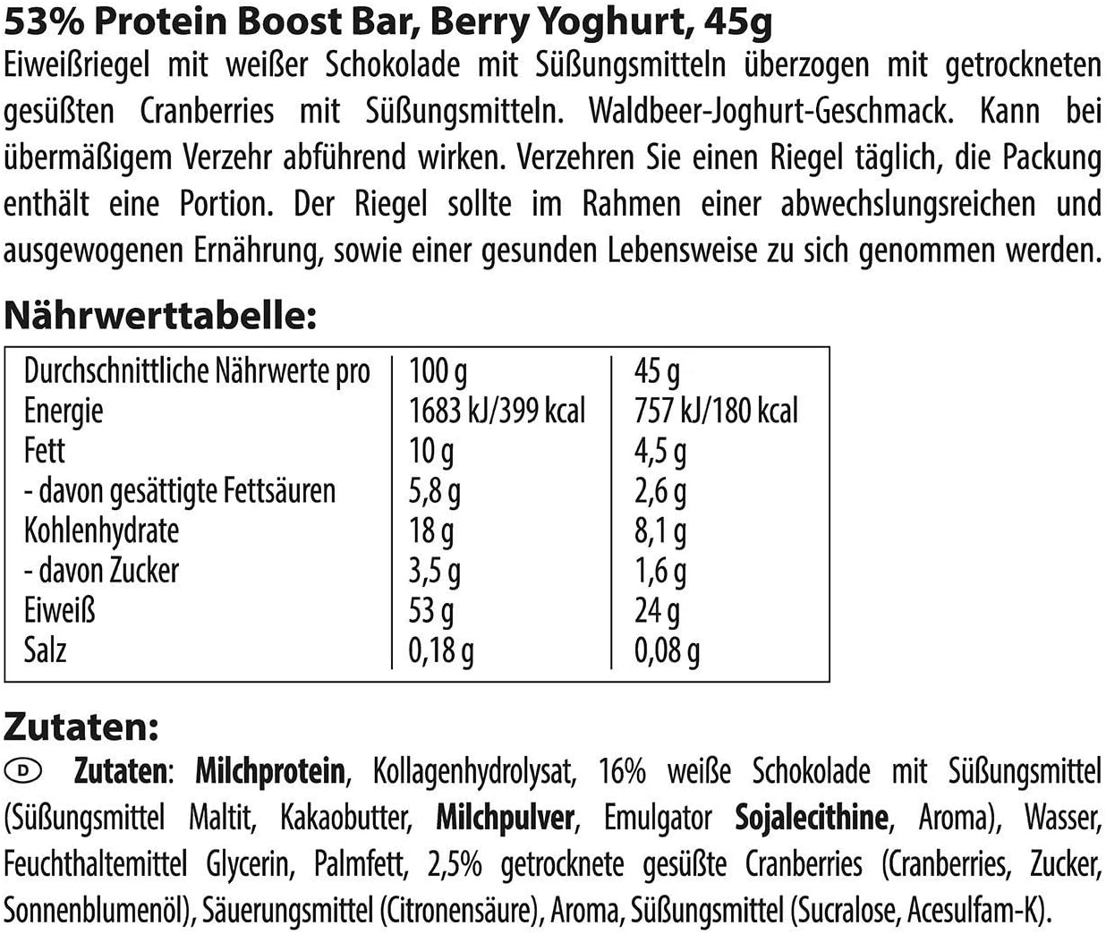 Detalle de Multipower 53% Protein Boost – 20 x 45 g Proteinriegel Berry Yoghurt, 53% Proteinanteil