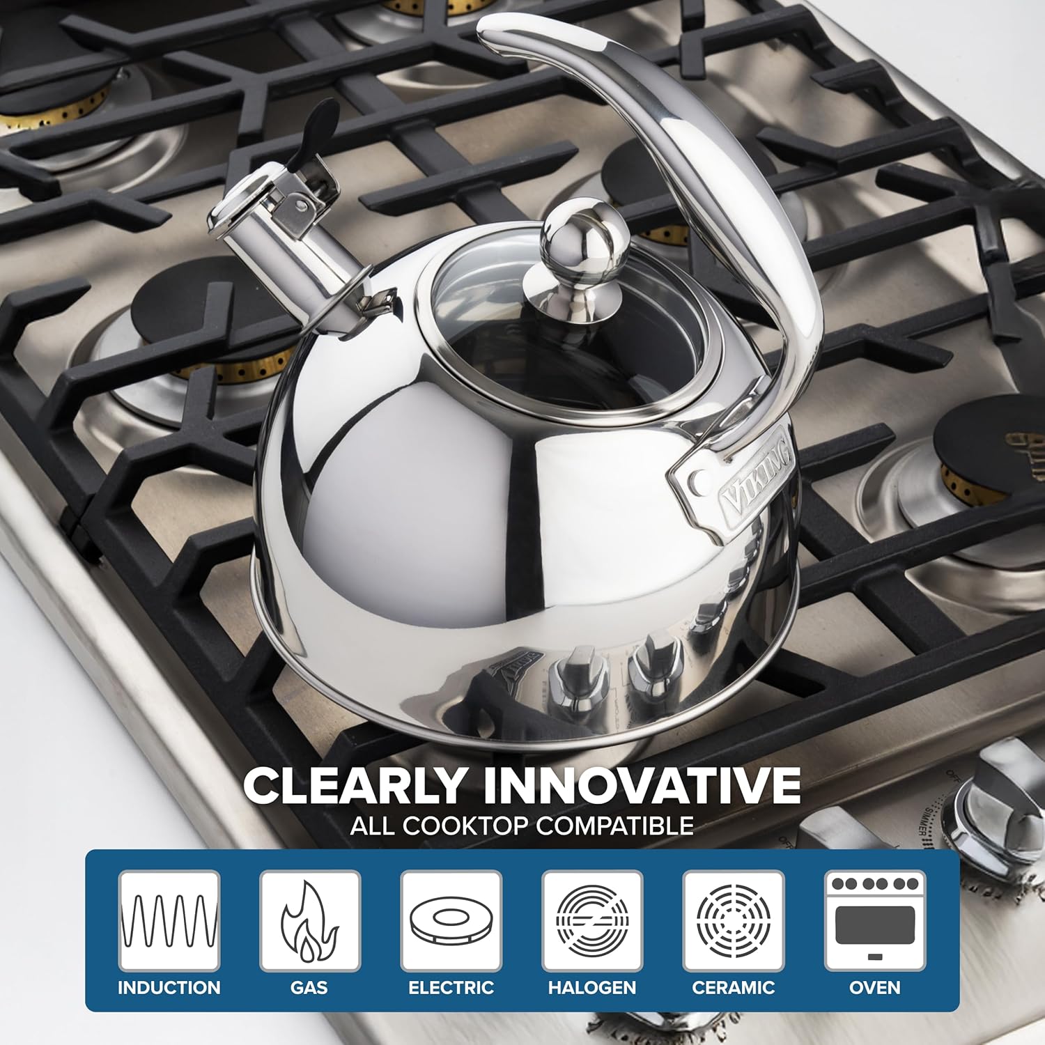 Thumbnail 5 de Viking 3-Ply Stainless Steel Tea Kettle (2.6 Quart) with Tempered Glass Lid, Whistling Spout & Induction Ready