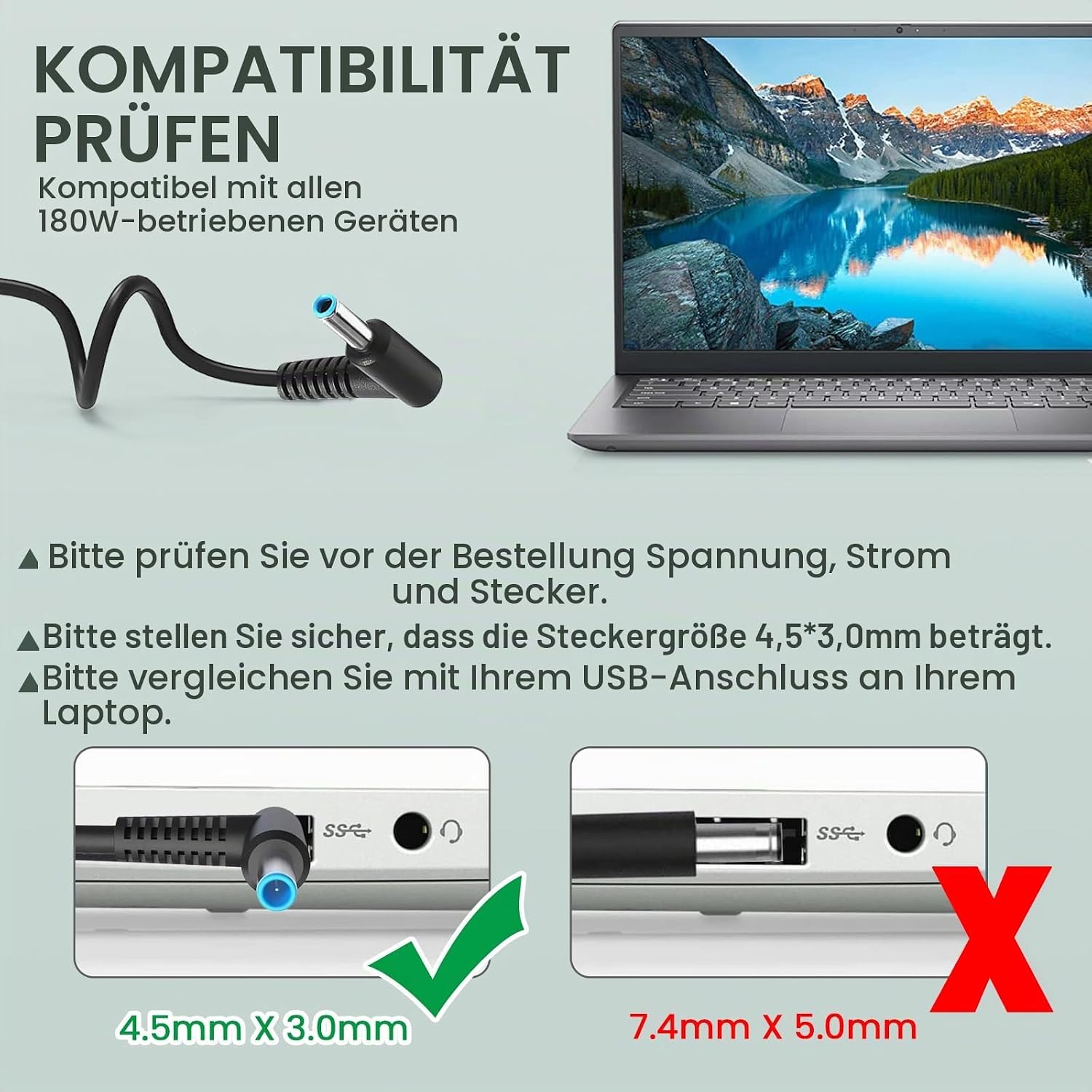 Detalle de 45W Laptop-Ladegerät Kabel 19,5V 2,31A – kompatibel mit HP 15, 17, ProBook, EliteBook (div. Modelle)