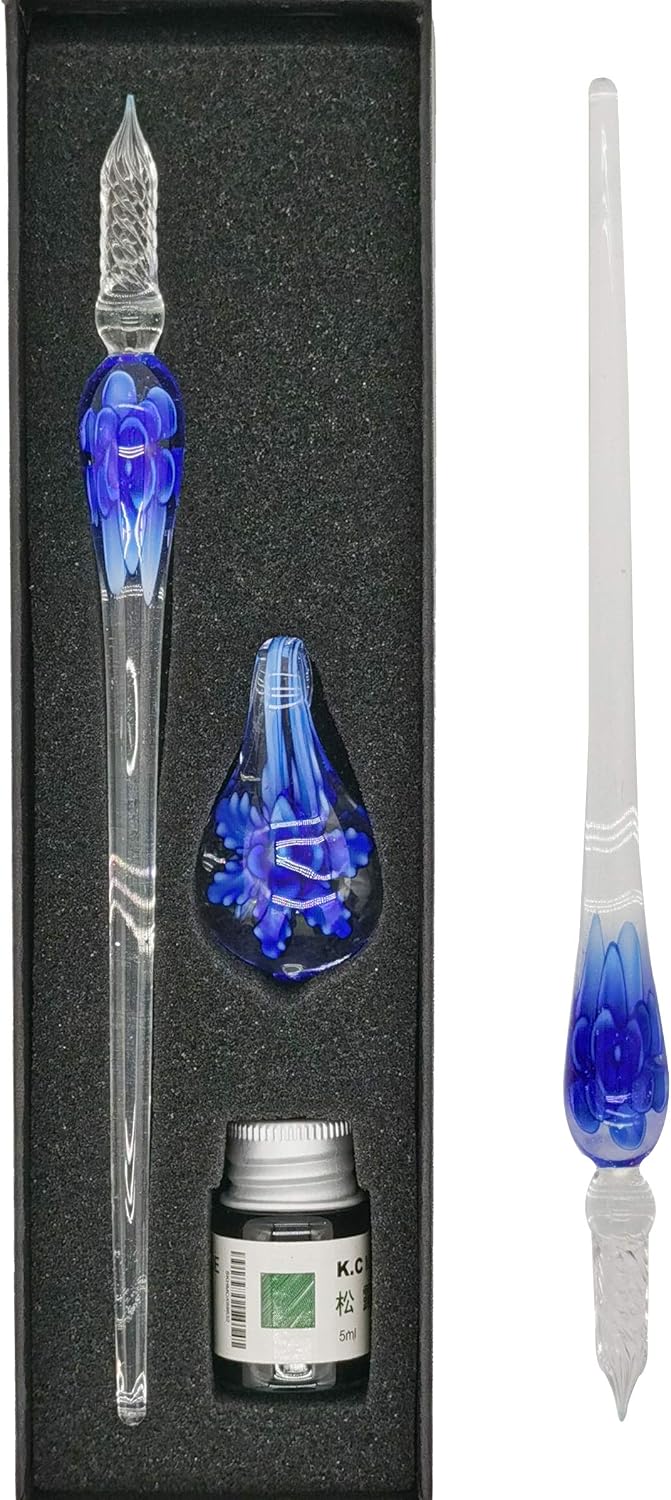 Detalle de EACHHAHA Glass Dip Pen – Crystal Blue Flower 3‑Piece Set