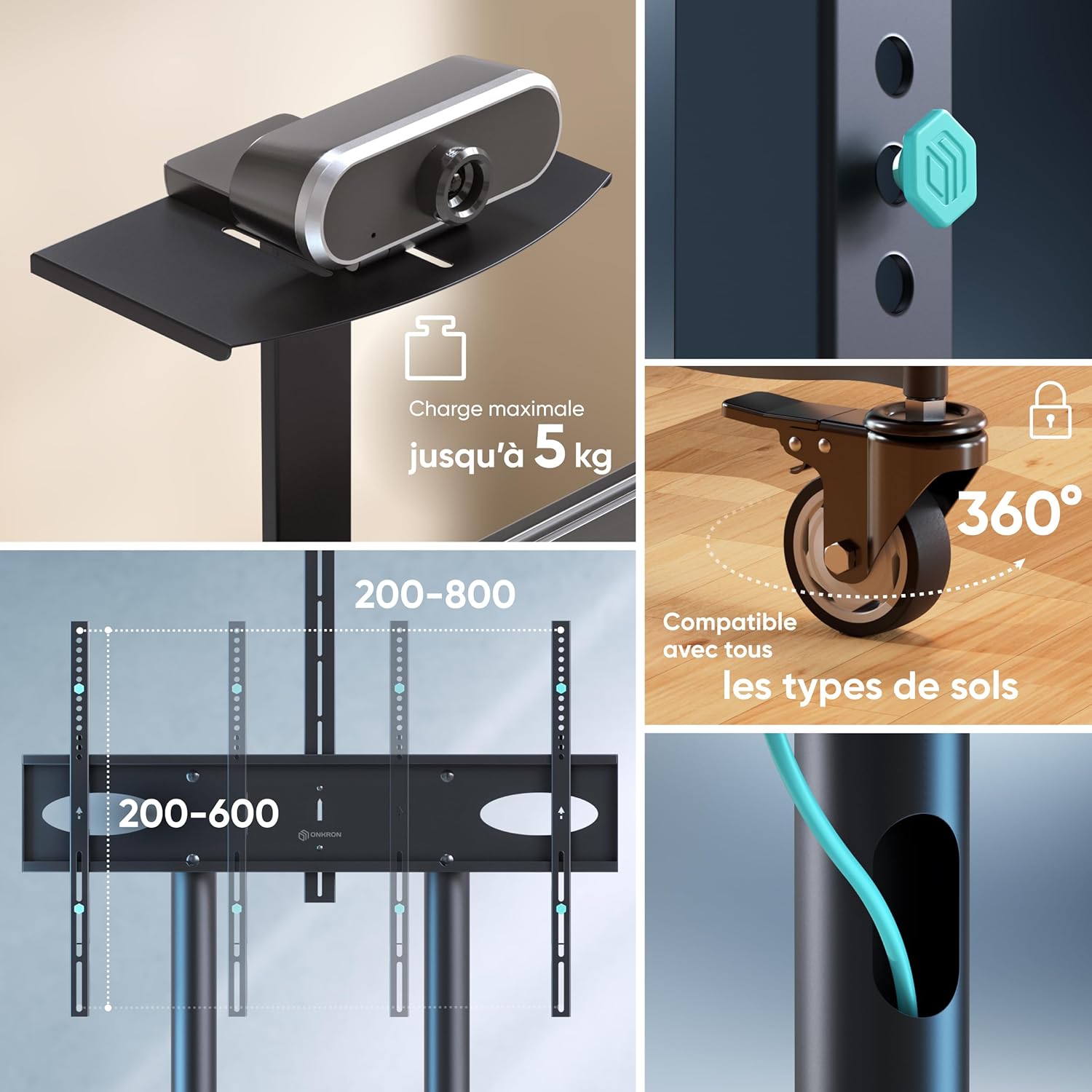 Thumbnail 4 de ONKRON TS1871-B : support TV sur roulettes réglable pour écrans 55 à 90 pouces