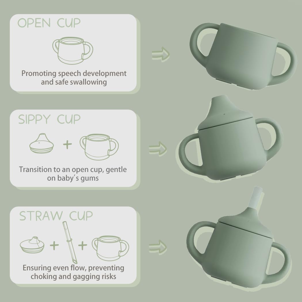 Detalle 2 de Moonkie Silikon Baby-Trinklernbecher ab 6 Monaten (120 ml) mit 2 Strohhalmen – auslaufsichere Schnabeltasse in Sage