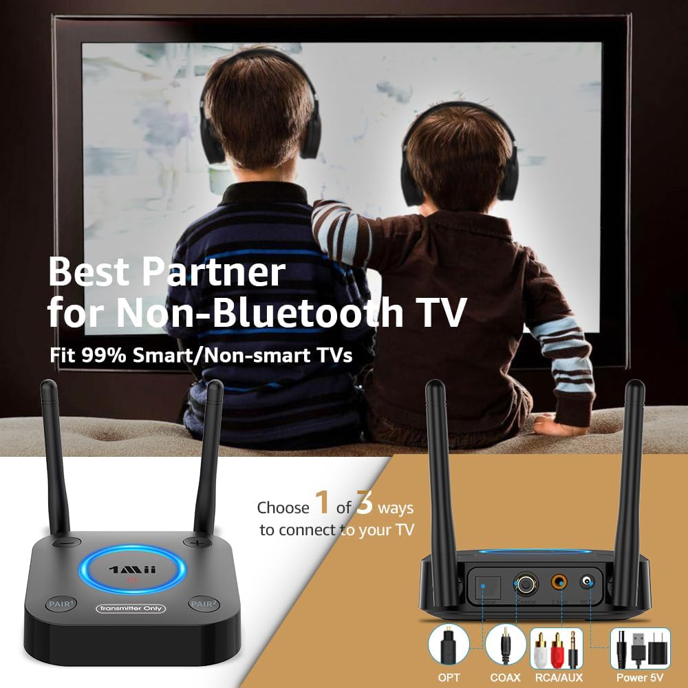 Detalle de 1Mii B06TX Bluetooth 5.3 TV Transmitter for Two Headphones, aptX Low Latency