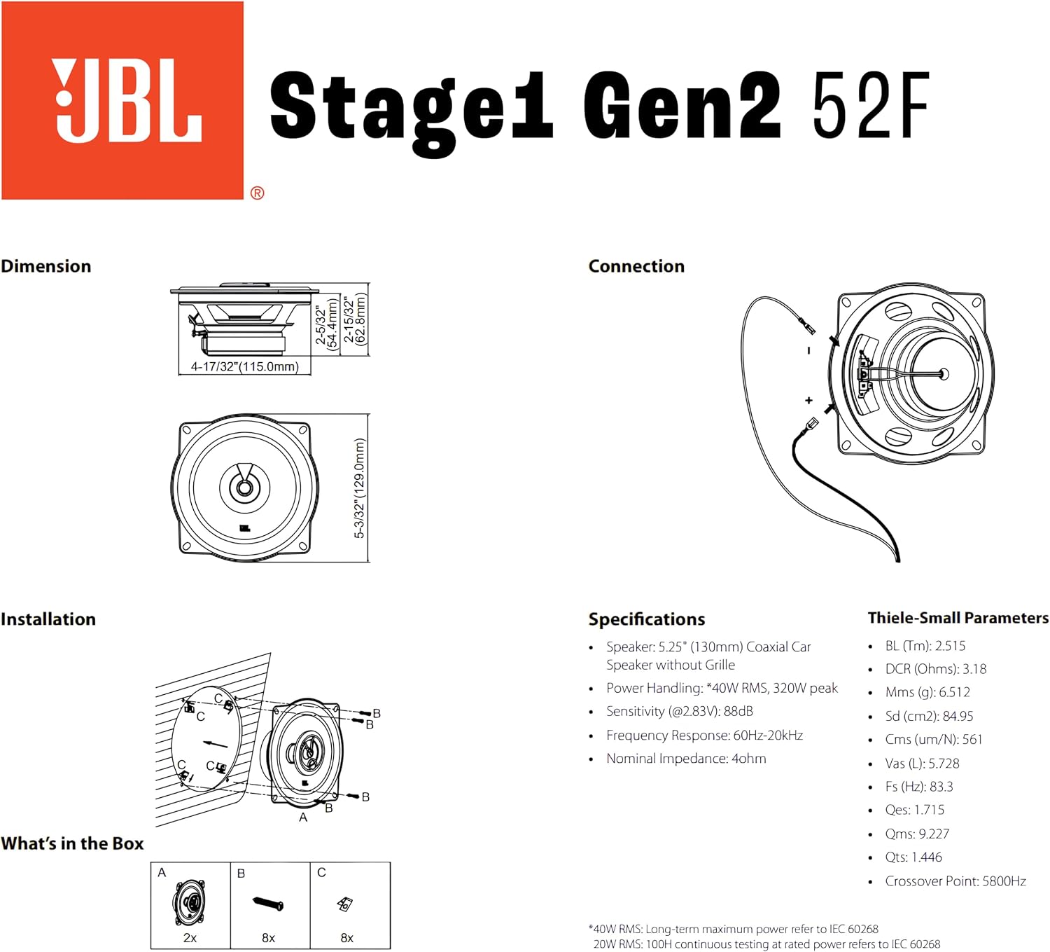 Thumbnail 6 de JBL Stage1 Gen2 52F bilhögtalare, 5,25 tum, 2-vägs koaxial, 40 W RMS
