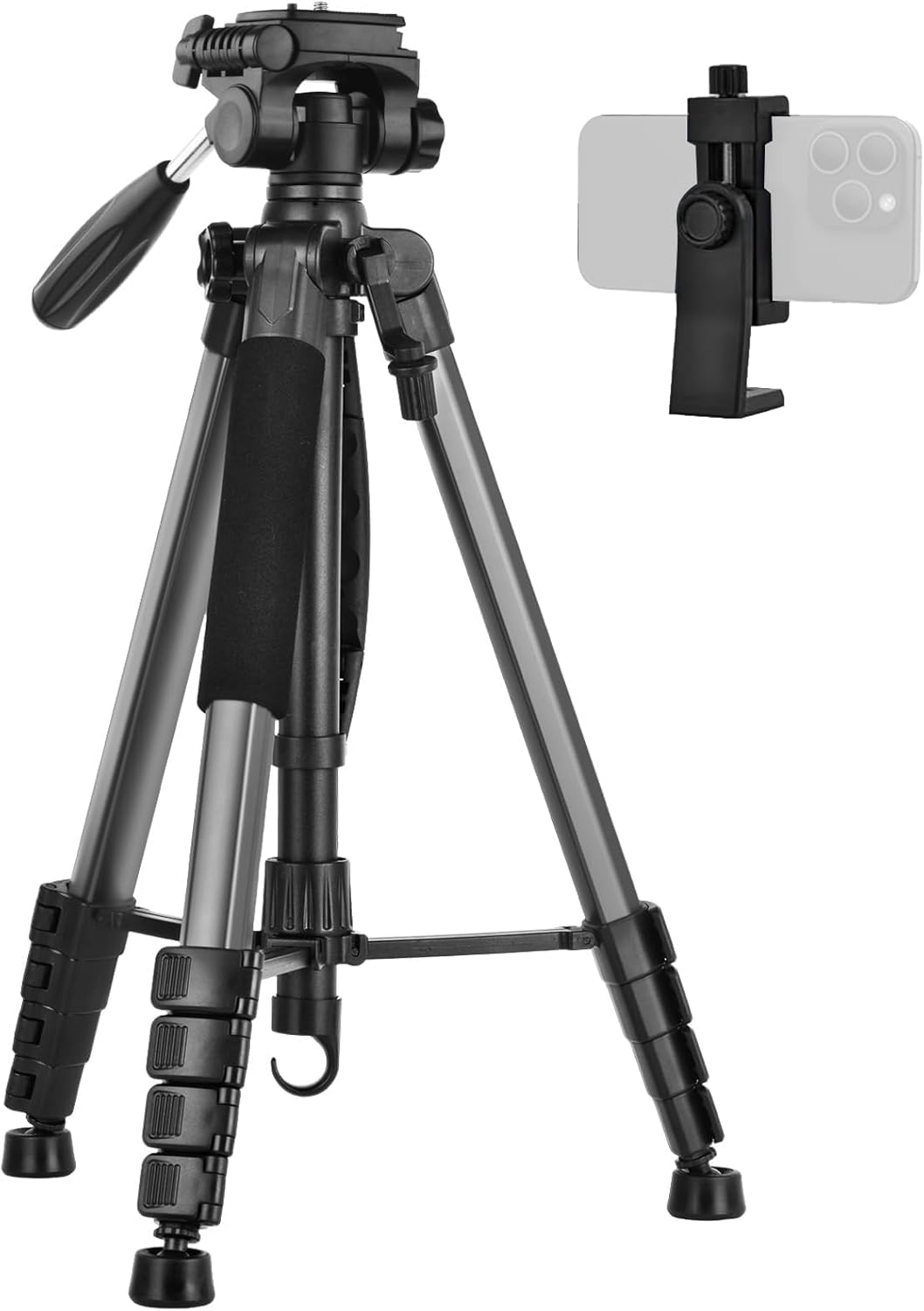 Detalle de LINKCOOL 74 Inch Tall Aluminum Camera Tripod Stand with Detachable Head and Phone Mount – Titanium Grey