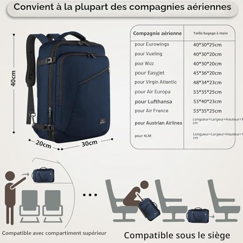Detalle 2 de MATEIN Bagage cabine 40x30x20 cm - Sac à Dos Voyage 30L Extensible, pour Cabin Bag Ryanair et autres compagnies